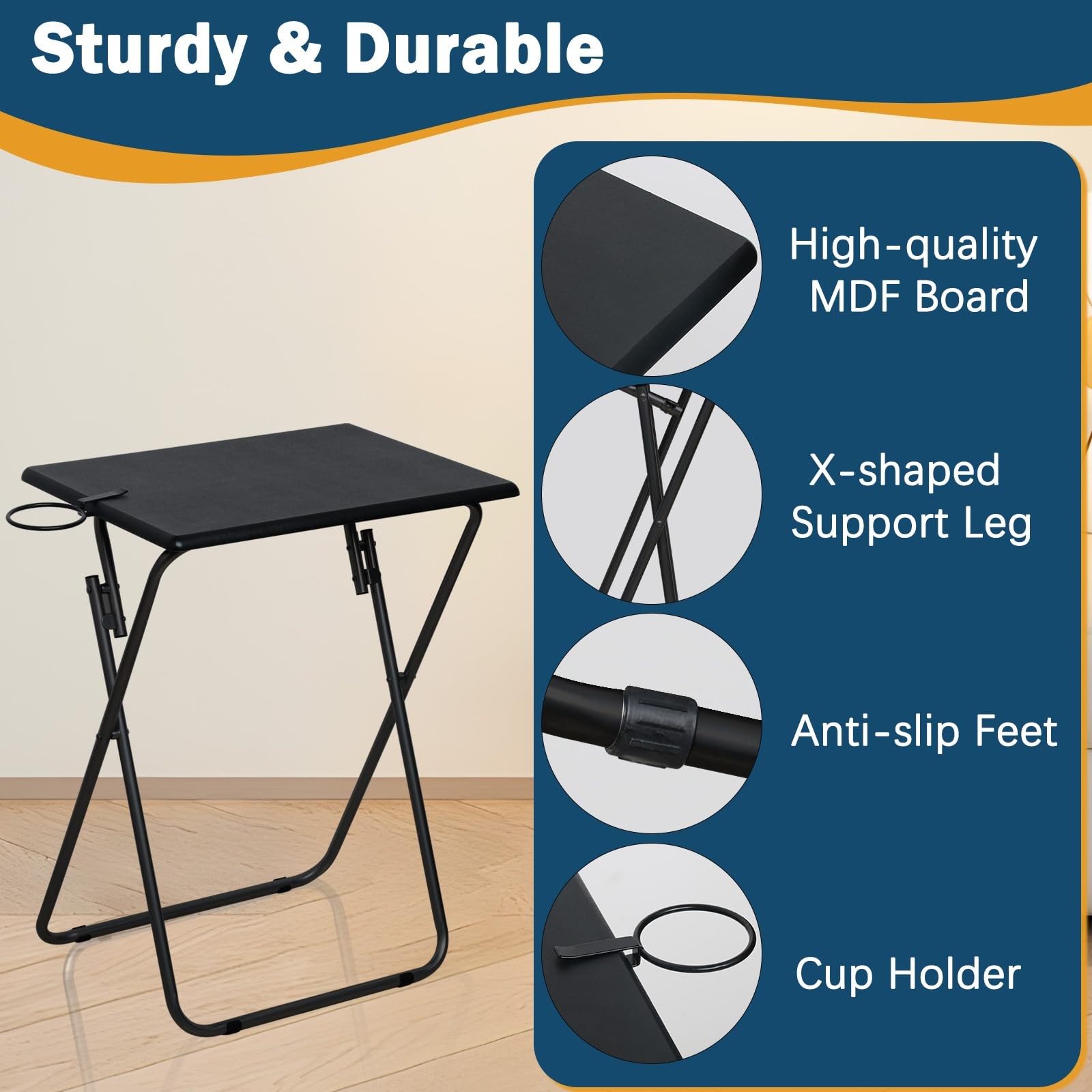 Folding TV Tray Set 4 Black MDF Metal Portable Dining Table Couch Sofa