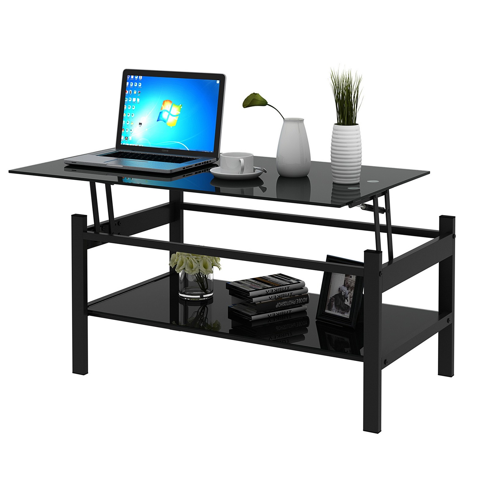 38″ All Black Tempered Glass Lift Top Coffee Table 2-Layer Home Work Centre Desk