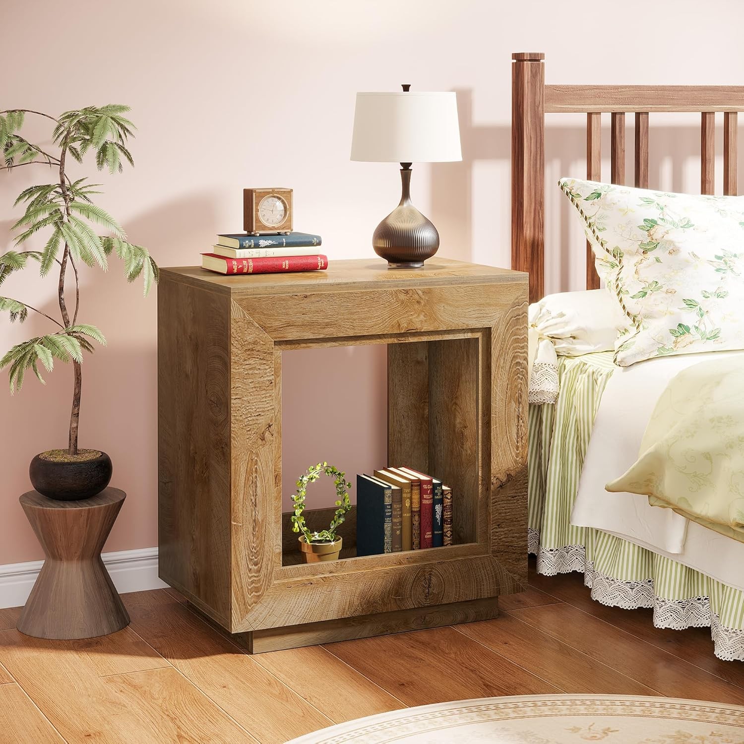 Rustic Wood End Table, 2-Tier Square Side Table with Storage for Living Room