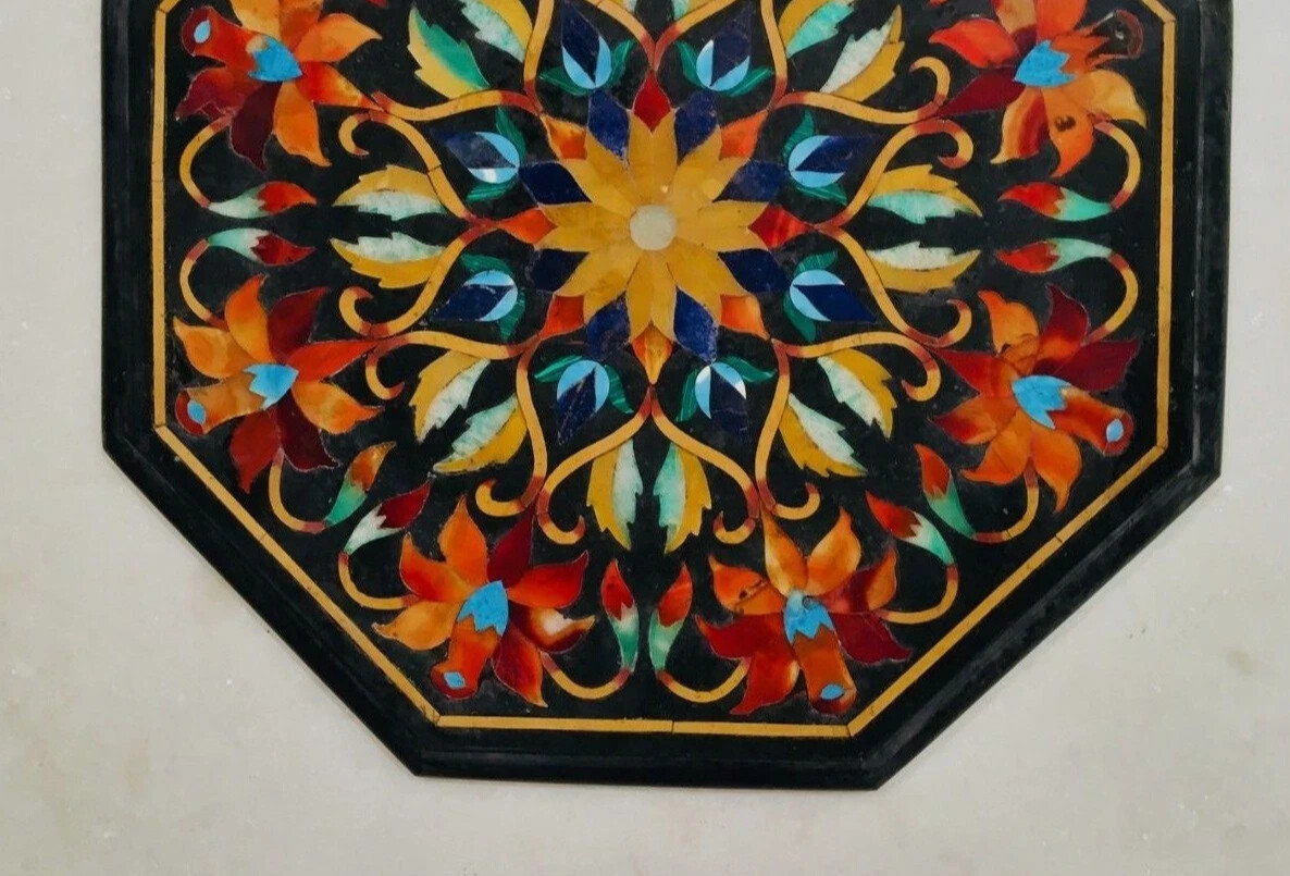 18″ Black Marble Table Top Inlay Pietra dura​ Handmade art Work Home Decor