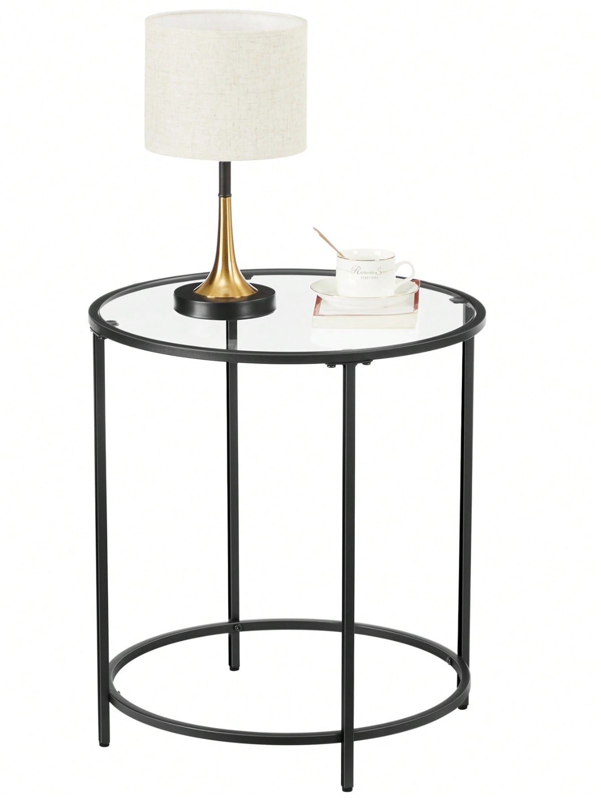 VASAGLE Round Glass Side Table Gold Metal Frame For Living Room Bedroom