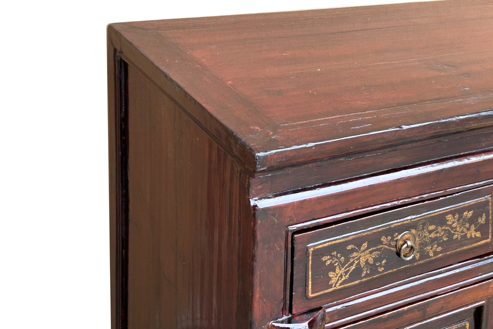 Vintage Chinese Floral Graphic Brown Drawers Table Credenza Cabinet cs7779