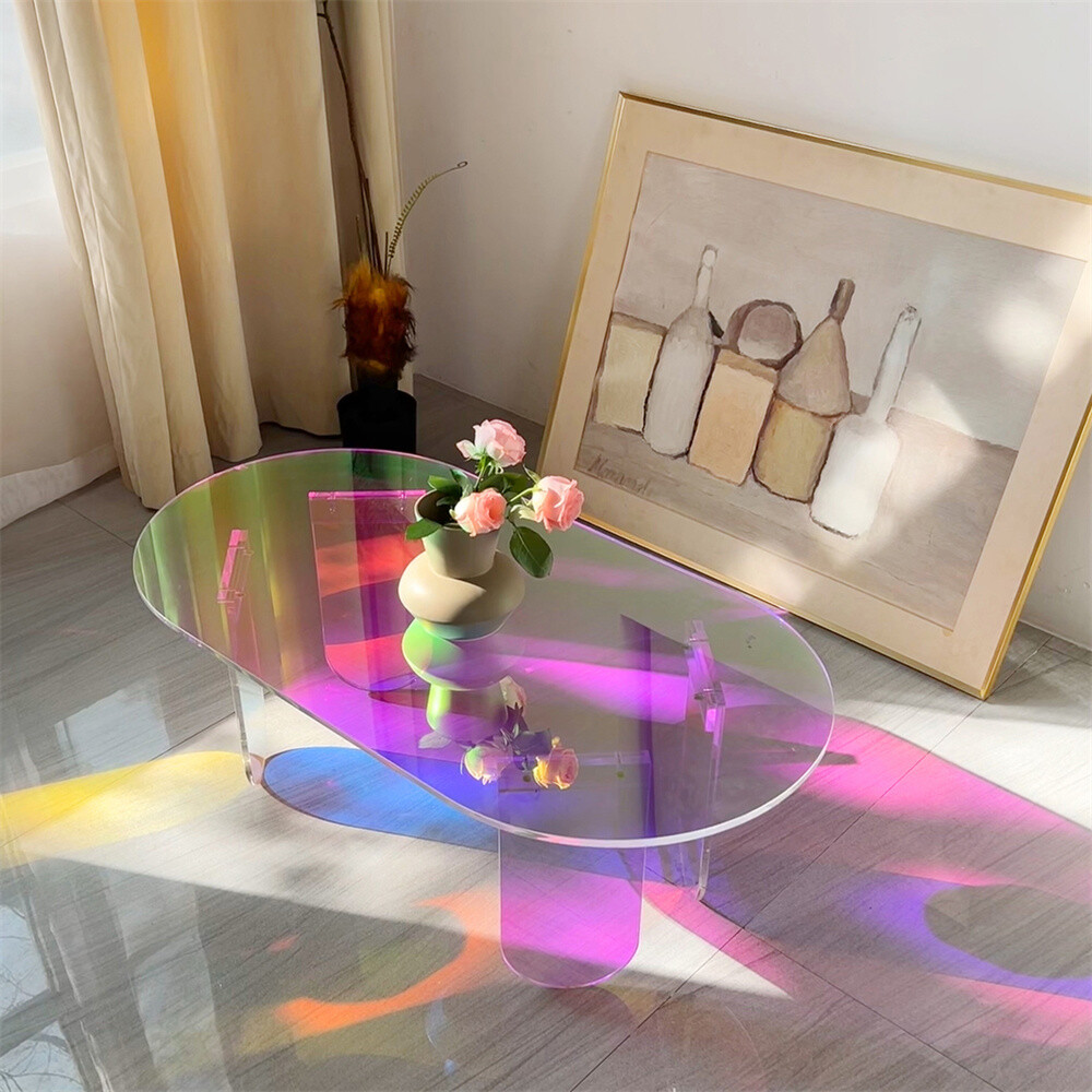 Acrylic Coffee Table Iridescent Acrylic End Table Oval Side table with PVC Cover