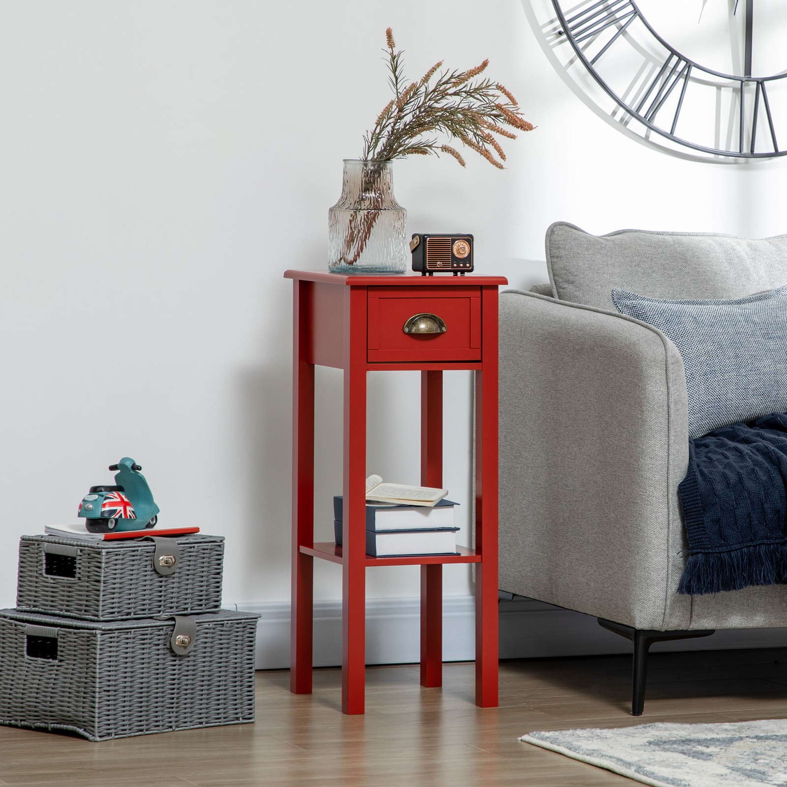 2-Tier Side Table with Drawer Shelf, End Table, Red Refurbished
