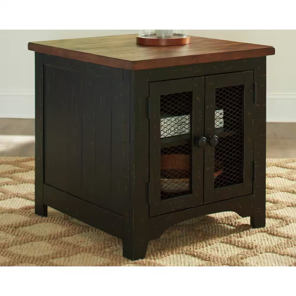 Valebeck 24 In. Black/Brown Rectangle Wood End Table with Cabinet and Shelf