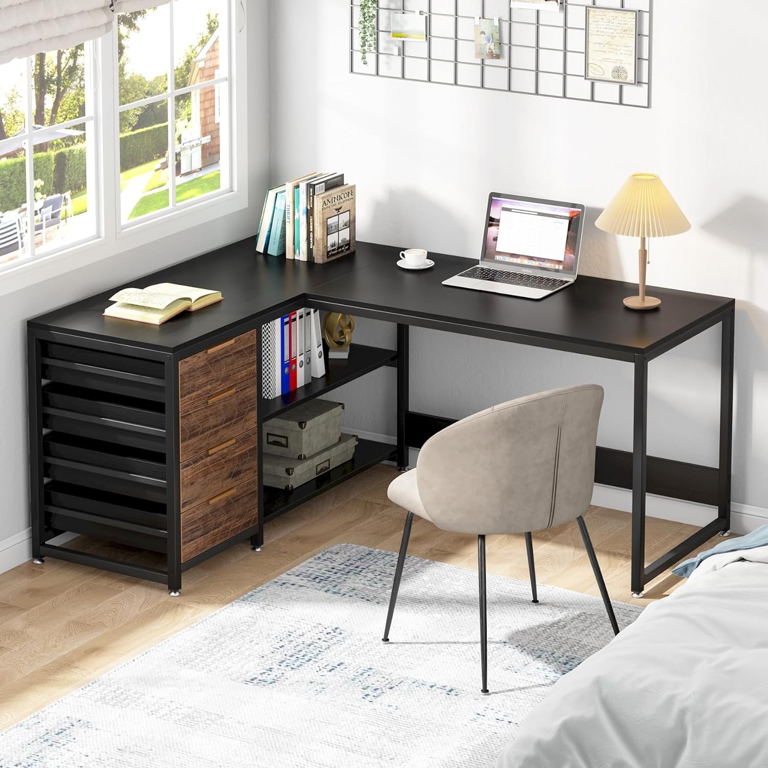 L Shaped Desk with 4 Drawers and 2 Storage Shelves, Reversible Computer Desk