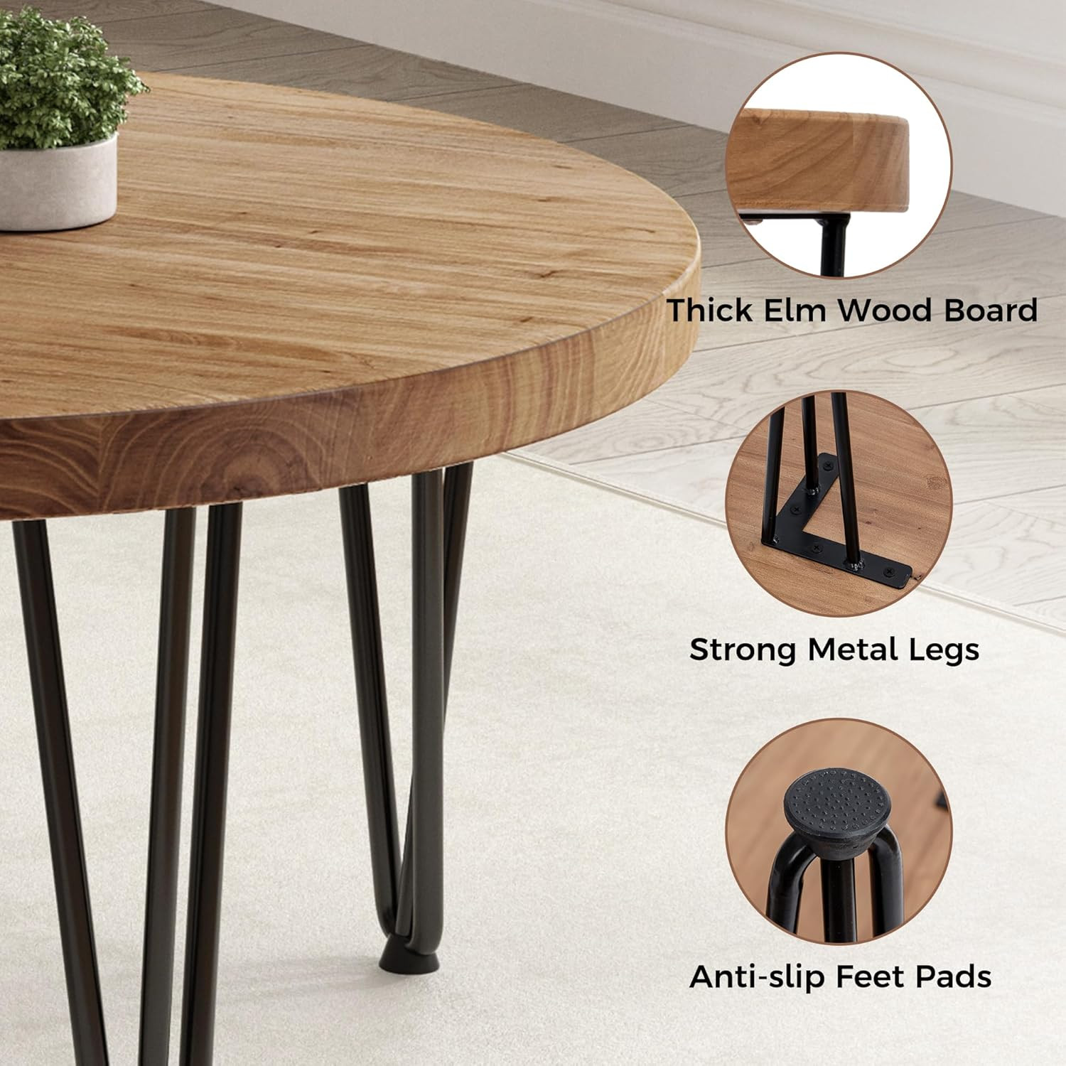 Rustic Round Coffee Table with Metal Legs – Solid Elm Wood, Farmhouse Style