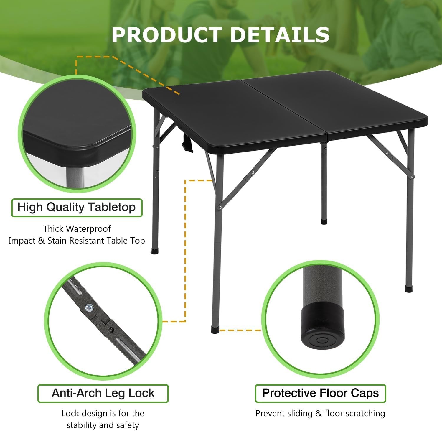34″ Folding Card Table Plastic Table Portable Square Height Dining Table, Black