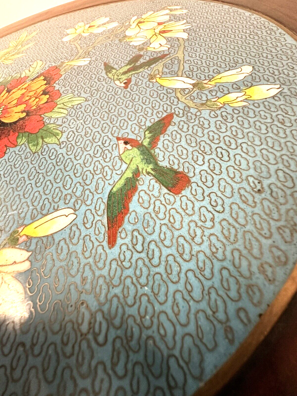 Small Chinese Cloisonné Floral Inlay Top & Carved Wood Round Pedestal Table