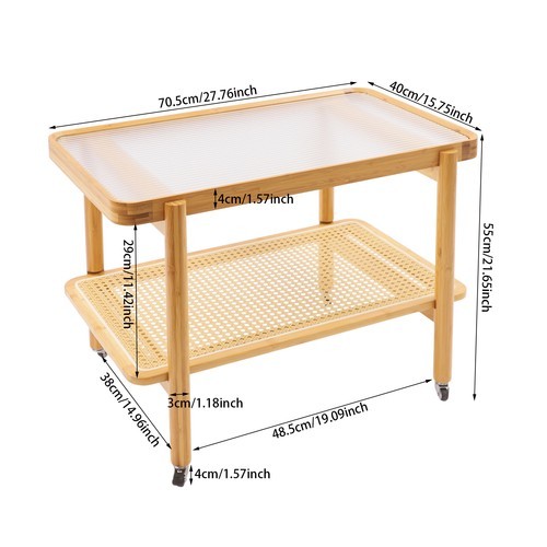 Side Table Nature Rattan Glass End Table 2-Tier with Storage Bamboo Table
