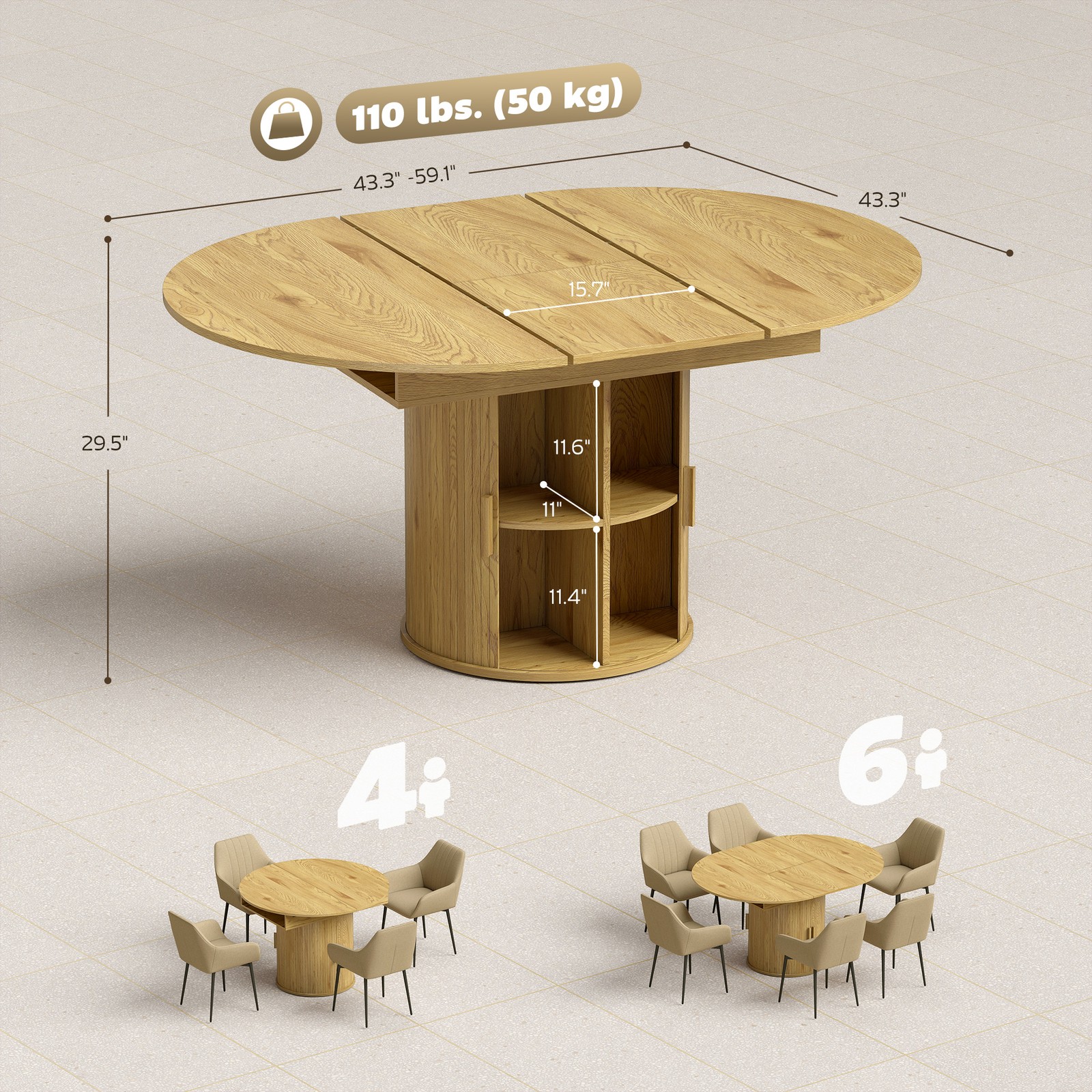 Extendable Dining Table, 60″ Oval Kitchen Table for 6, Natural Wood