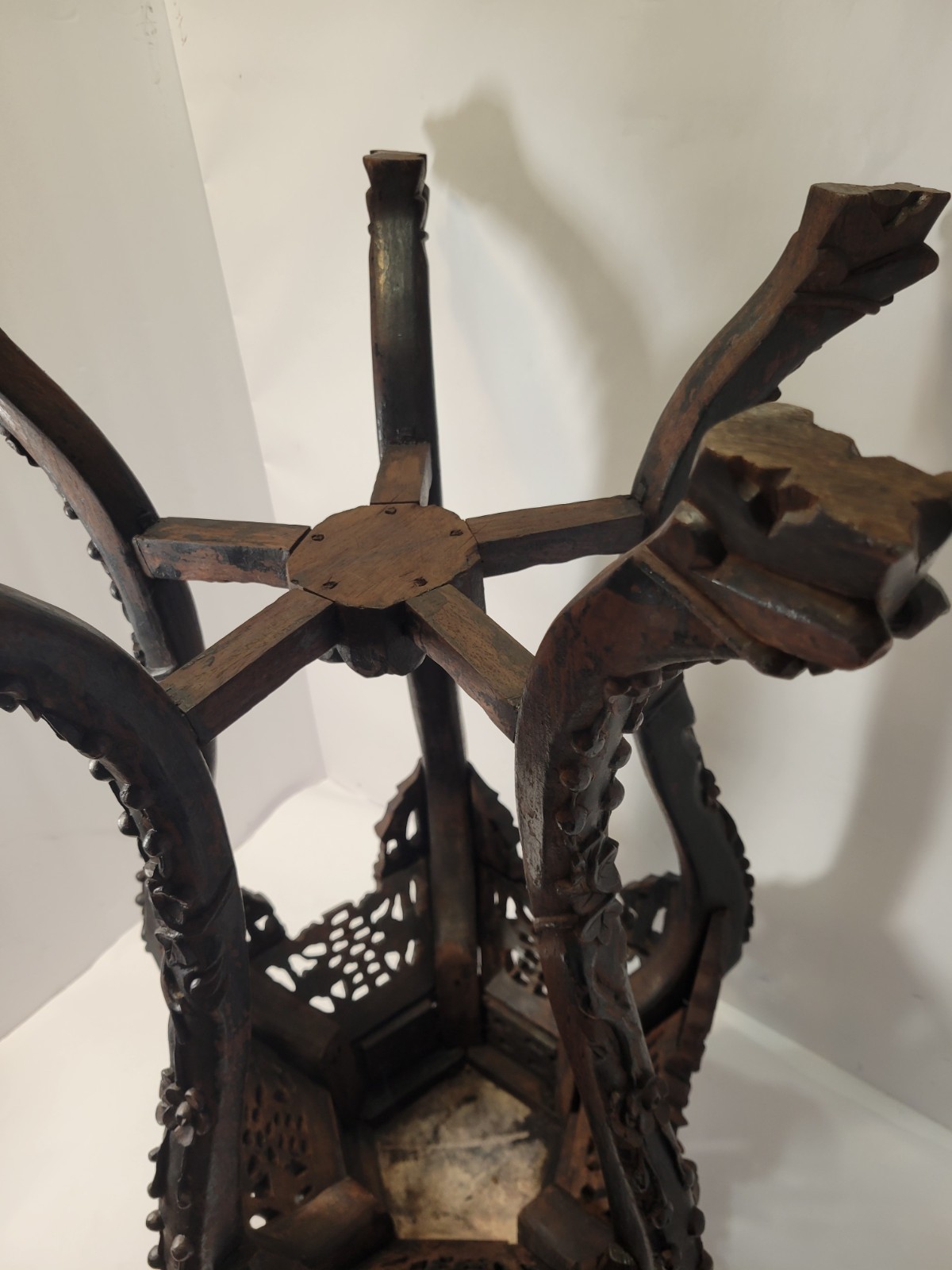 Dark Brown Wood Asian Carved Floral Hexagonal Pedestal Accent Table 14″ H