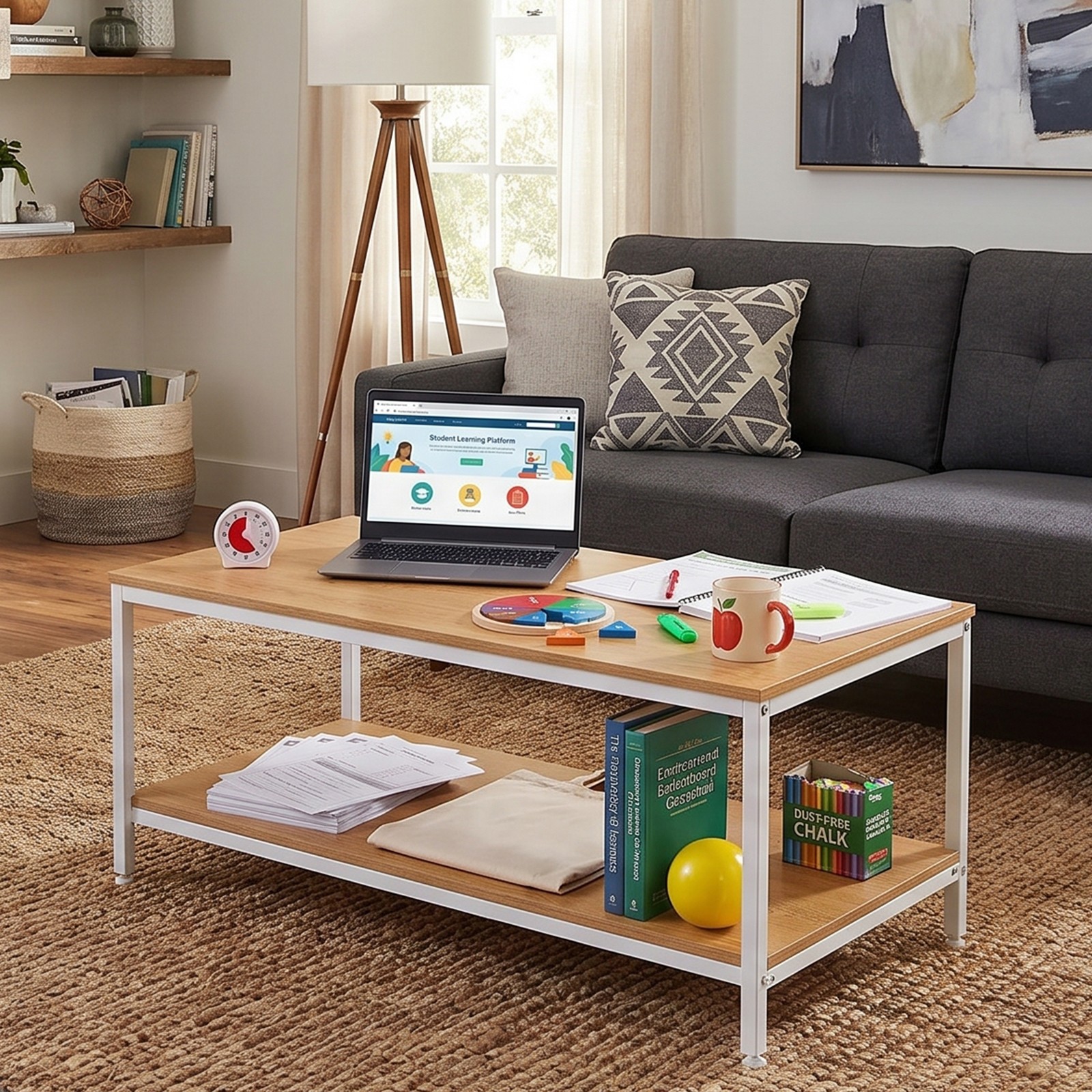 Natural Coffee Table for Living Room Rectangle 2-Tier Coffee Tables with Storage