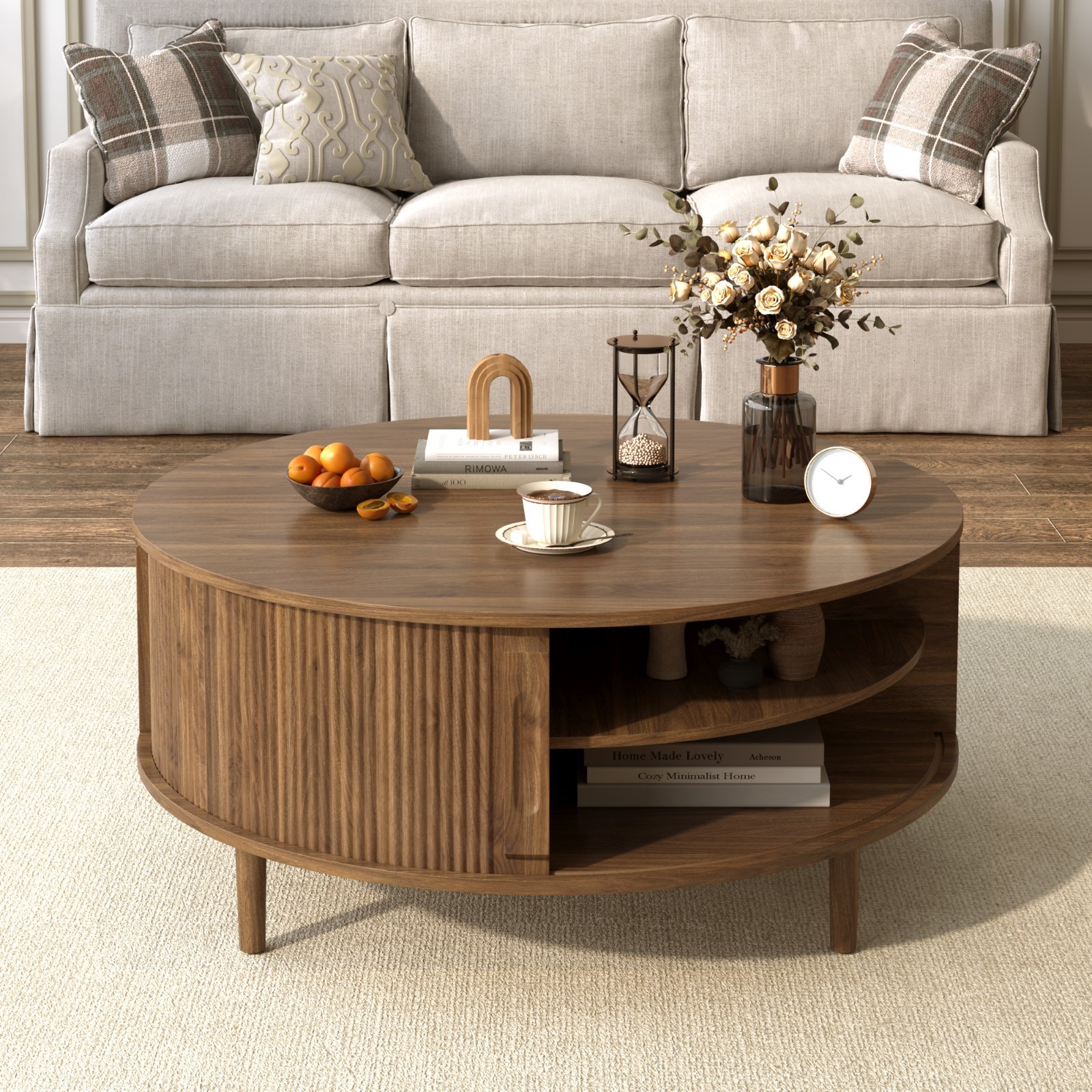 Round Lift-Top Coffee Table Center Table With Hidden Compartment Sliding Door