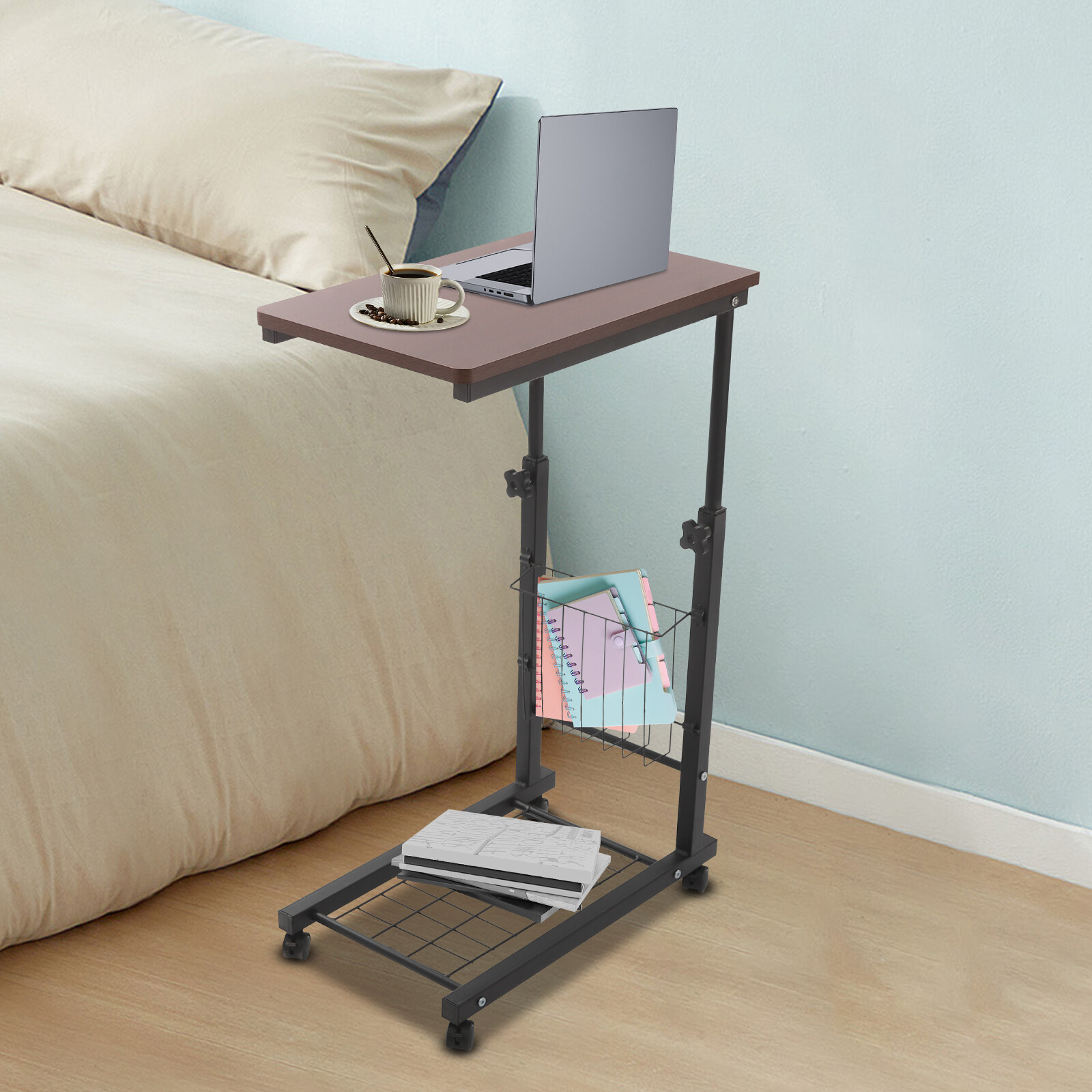 2 Tiers Red Walnut Color Mobile Standalone Adjustable Bed Side Table w/ Wheels