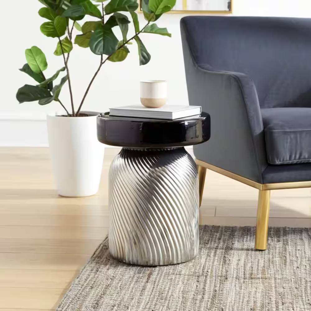 15 In. Black round Glass Large Art Modern End Table