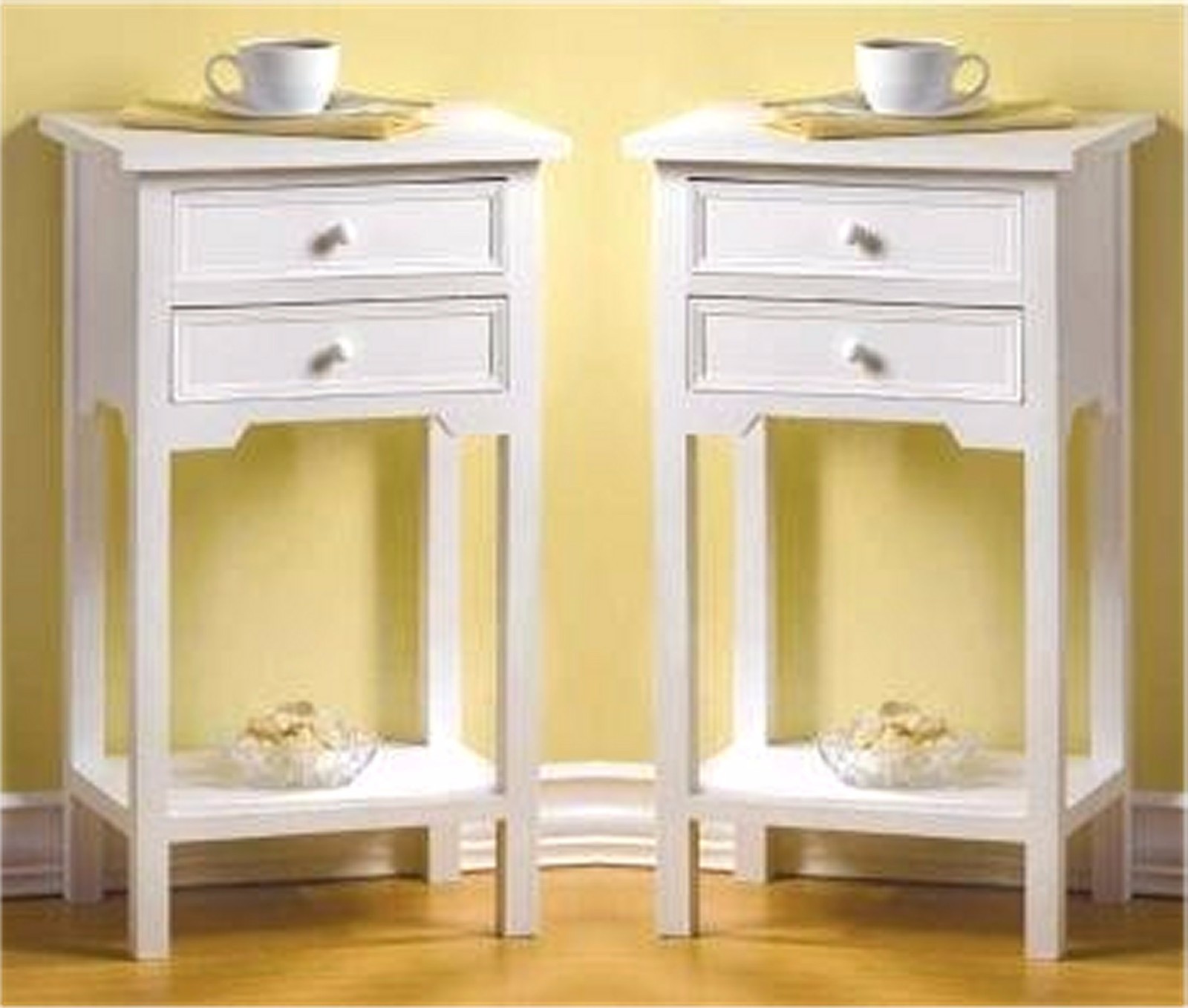 Set of 2 * WHITE CEDAR WOOD SIDE-END-NIGHT TABLES * 2 Drawers-Shelf * NIB