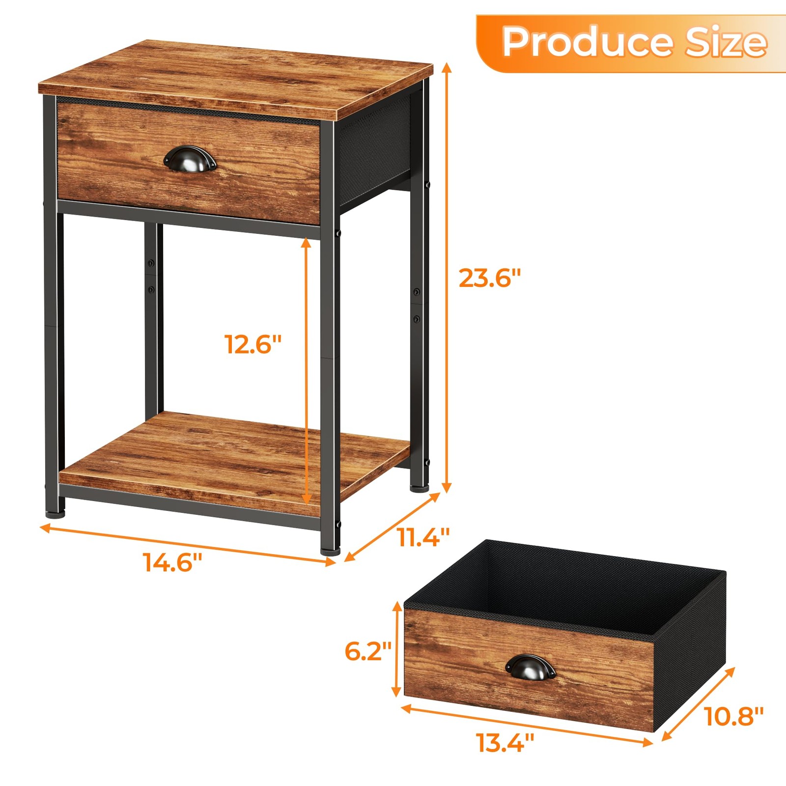 Nightstands Set of 2, Night Stand with Fabric Drawer and Storage Shelf, Retro Be