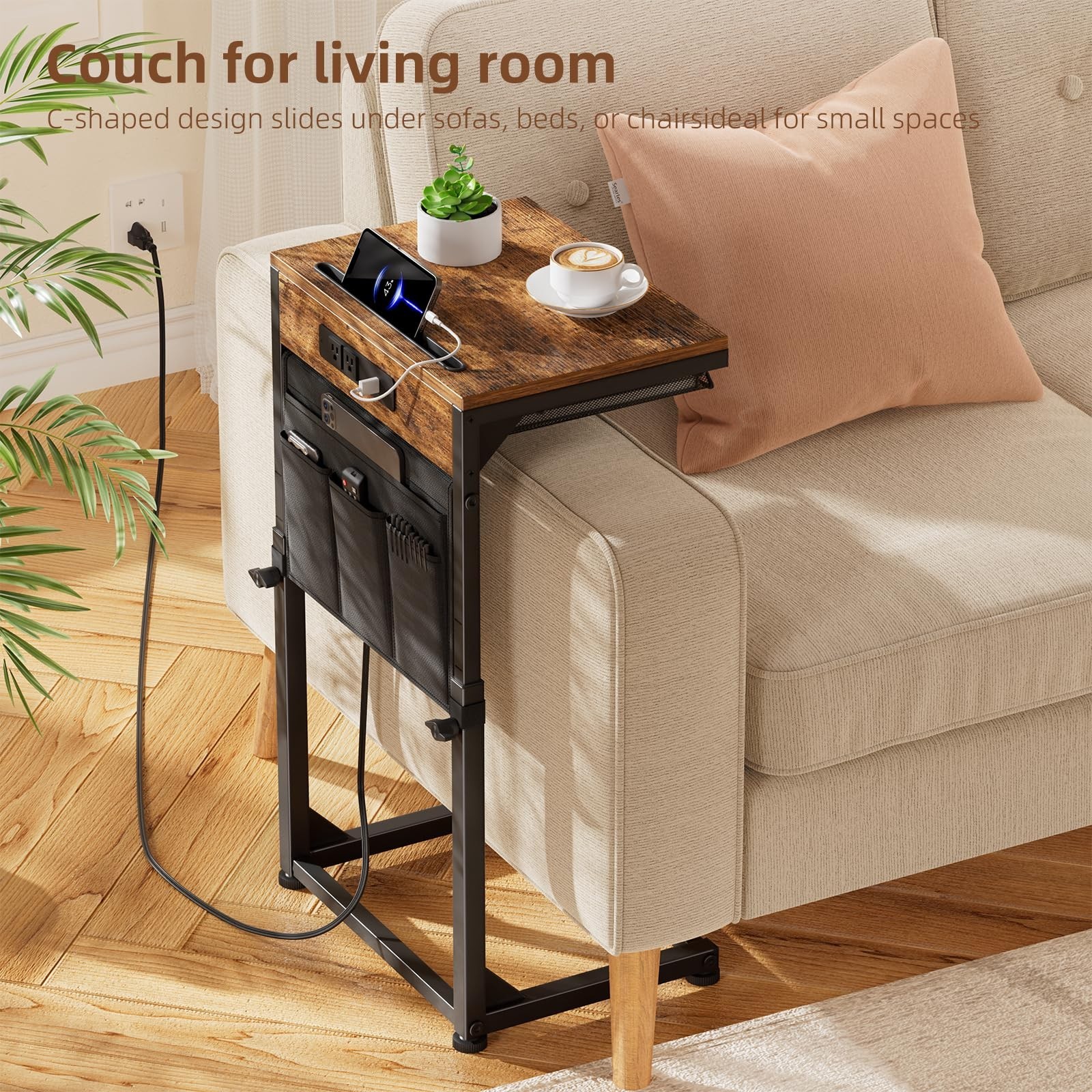 C Shaped Side Table with Charging Station, Adjustable Height, Rustic Brown, Stor
