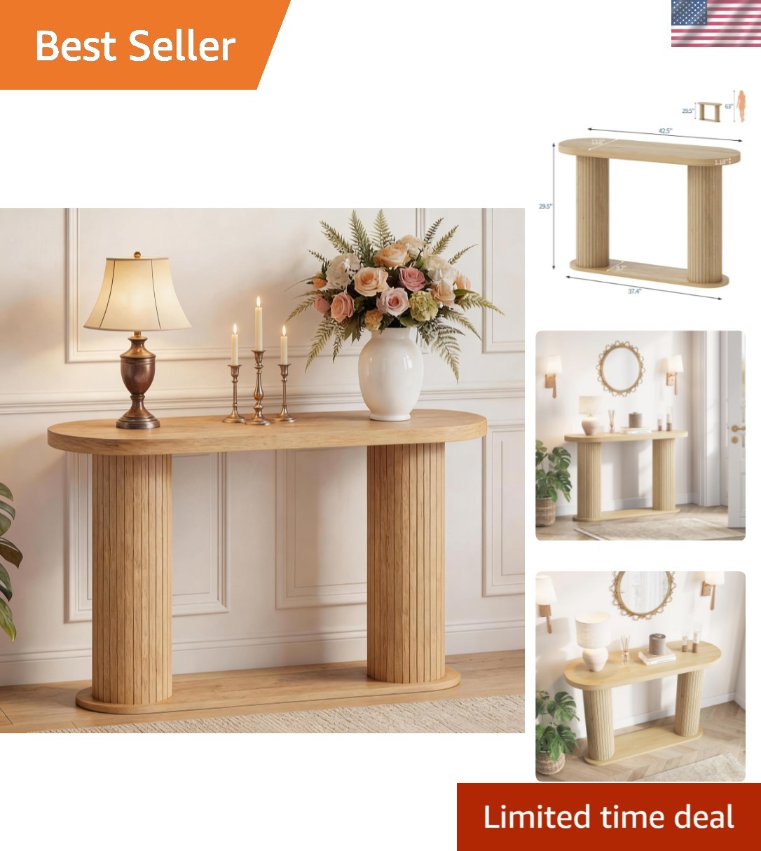 Fluted Console Table, 42.5 Inch Narrow Wood Entryway Table with Storage Shelf…