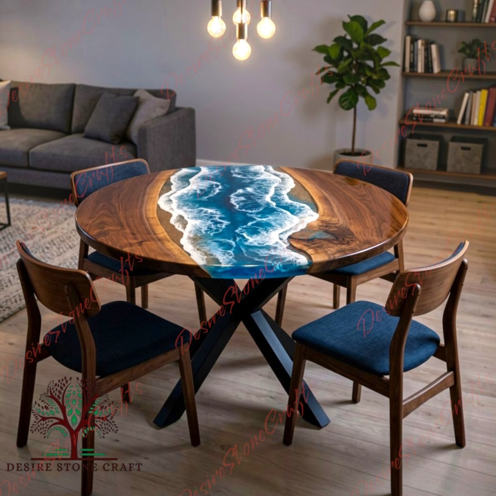 Ocean Wave Blue Resin Round Dining Table Live Edge Wood Epoxy River Table