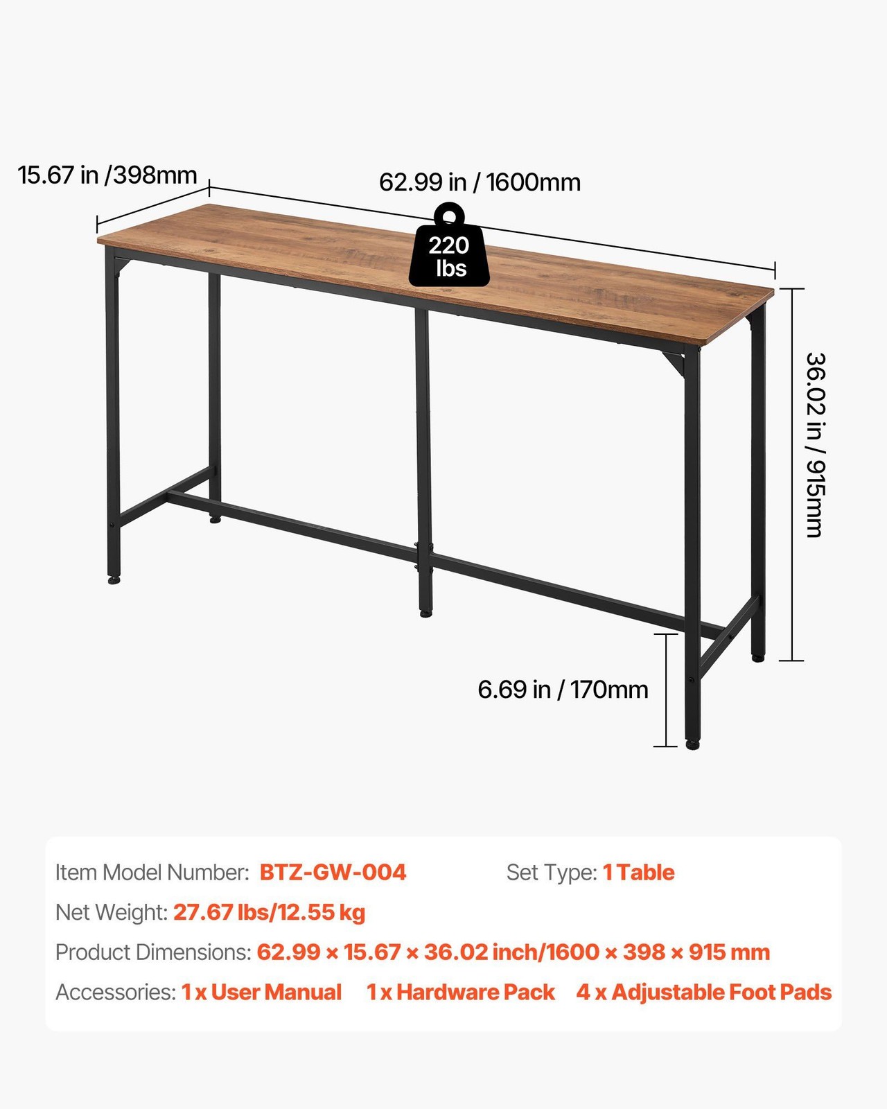 Bar Table, 1 Pc 53″ Kitchen Bar Table, Tall Dining Table w/ Rounded Edge, Rectan