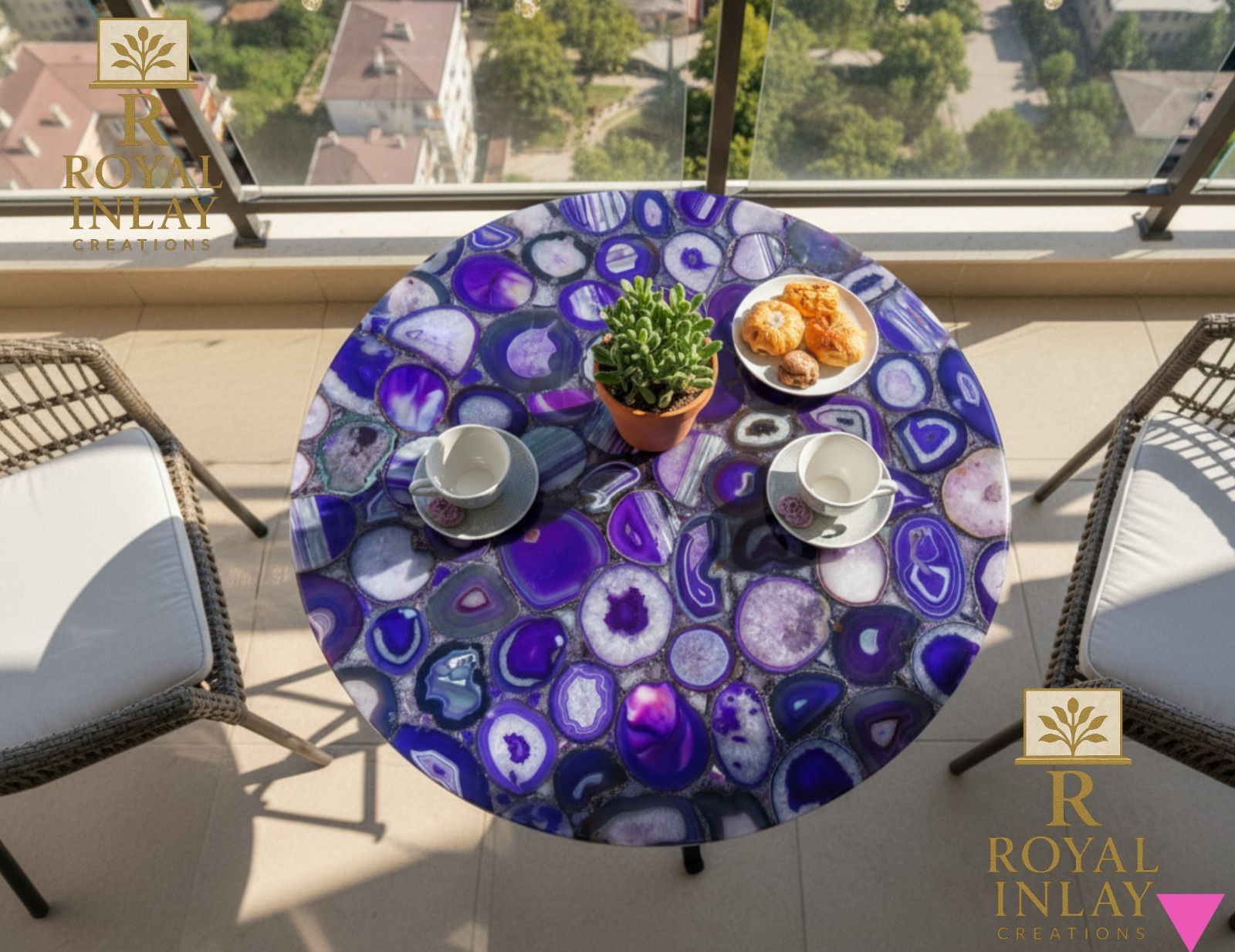 Royal Purple Agate Round Table | Luxury Handmade Gemstone Center Table