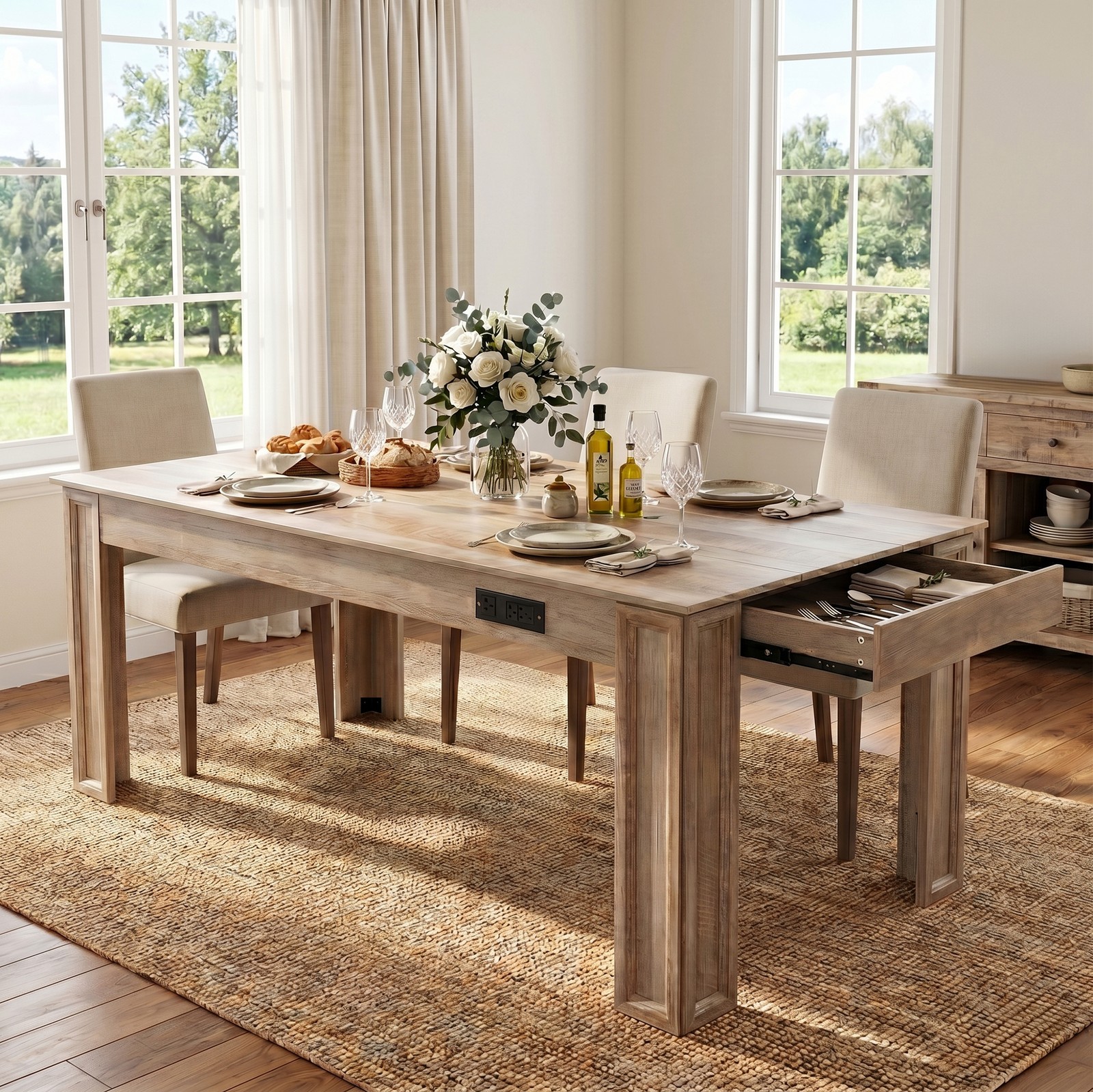 70″ Gray Farmhouse Dining Table with Charging Station & Drawer,for 6-8 People