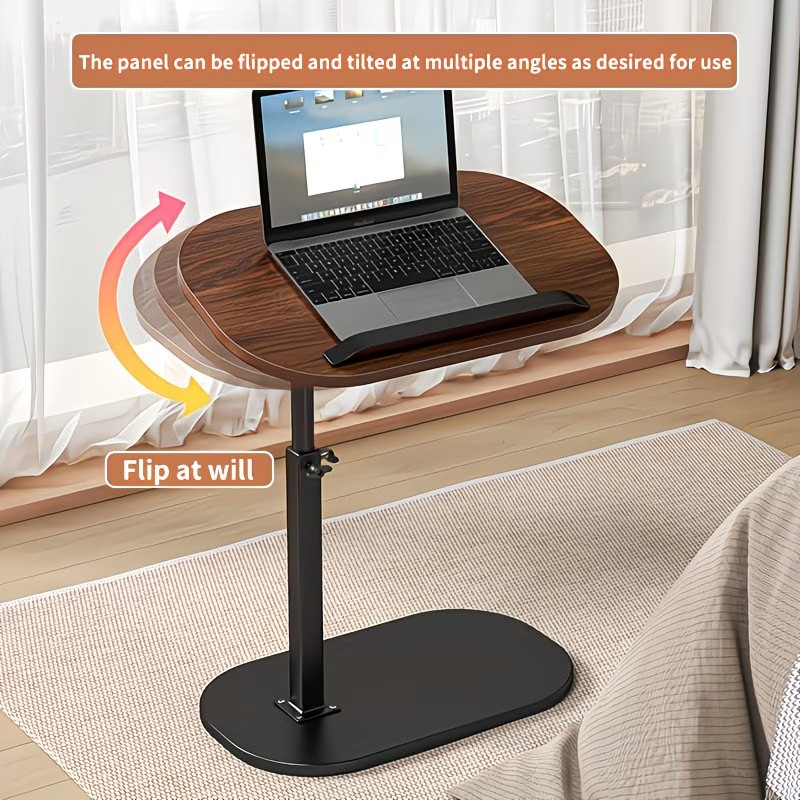 Walnut C-Shaped Sofa Side Table Adjustable Laptop Desk & Snack Tray for Bed/Couc