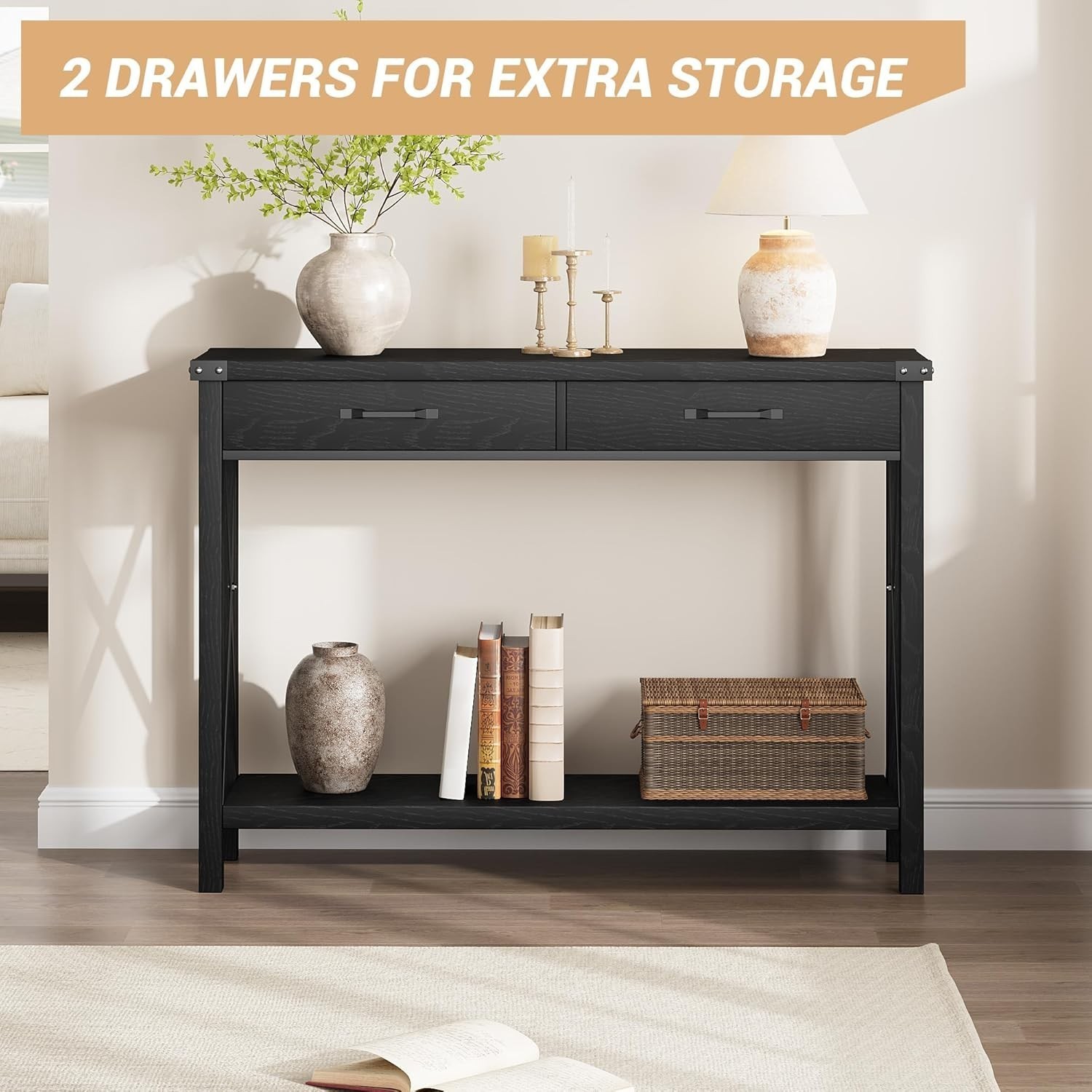 Console Table Open Shelf Accent Entryway Narrow Behind Sofa Table with 2 Drawer