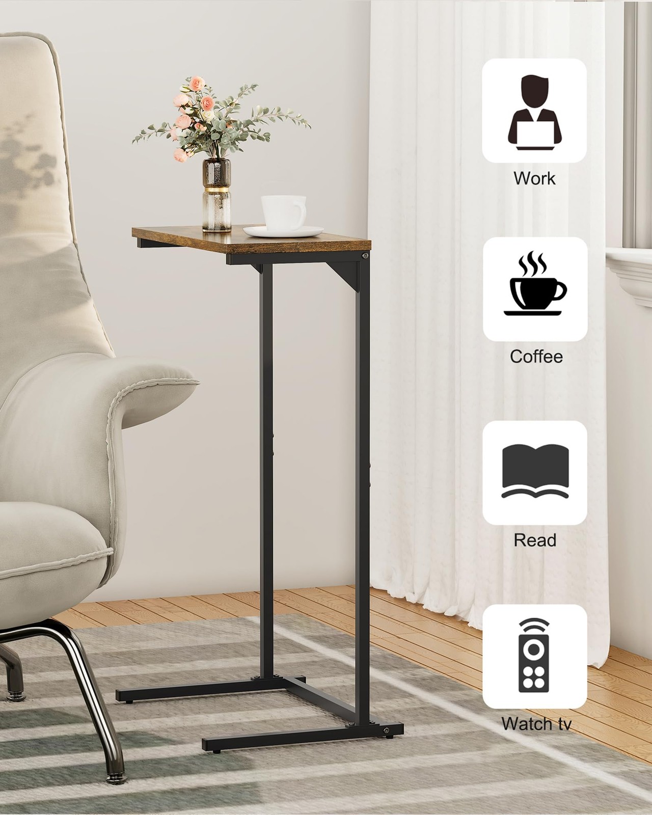 TUTOTAK C Shaped End Table, Tv 7.8 inches x 15.8 x 28.7 inches, Brown