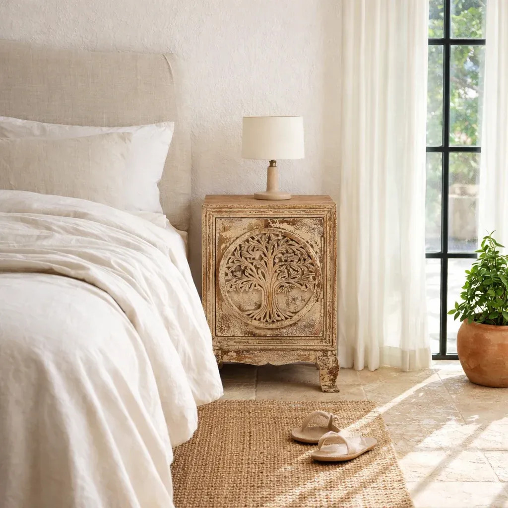 Artisan Handmade Bedside Table Solid Wood Hand Carved 19.7 × 15.7 × 27.6 inches