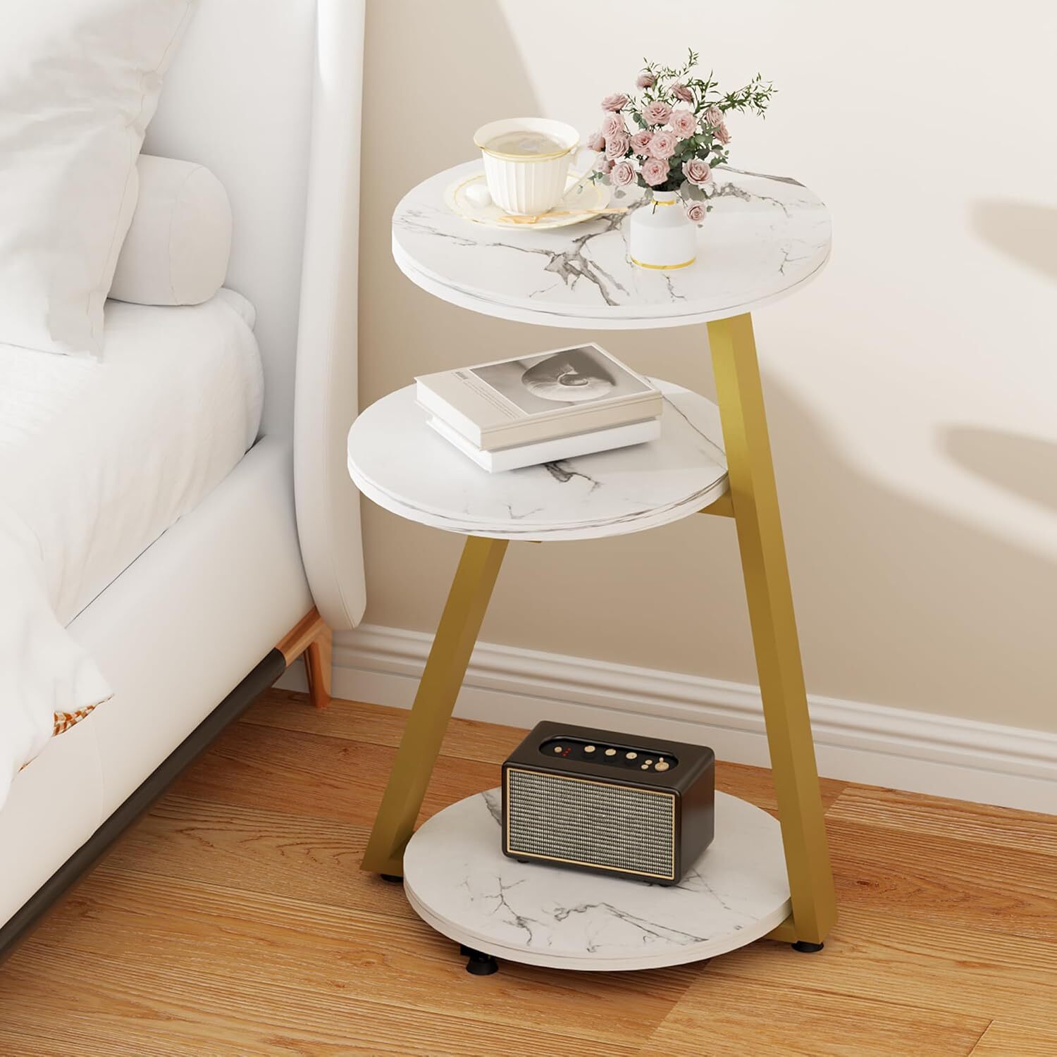 Living Room Bedroom Nightstand Gold White Tall Stand