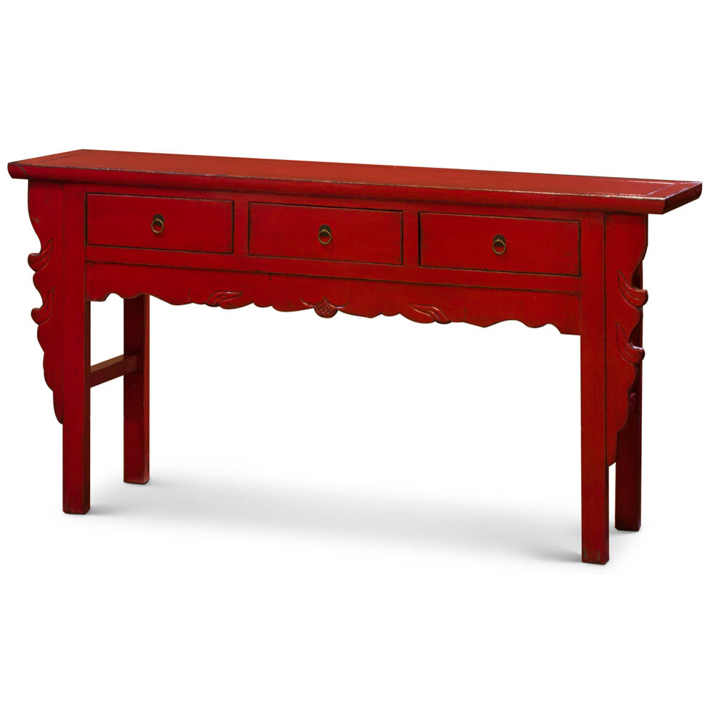 US Seller – Vintage Distressed Red Elmwood Oriental Console Table with Drawers