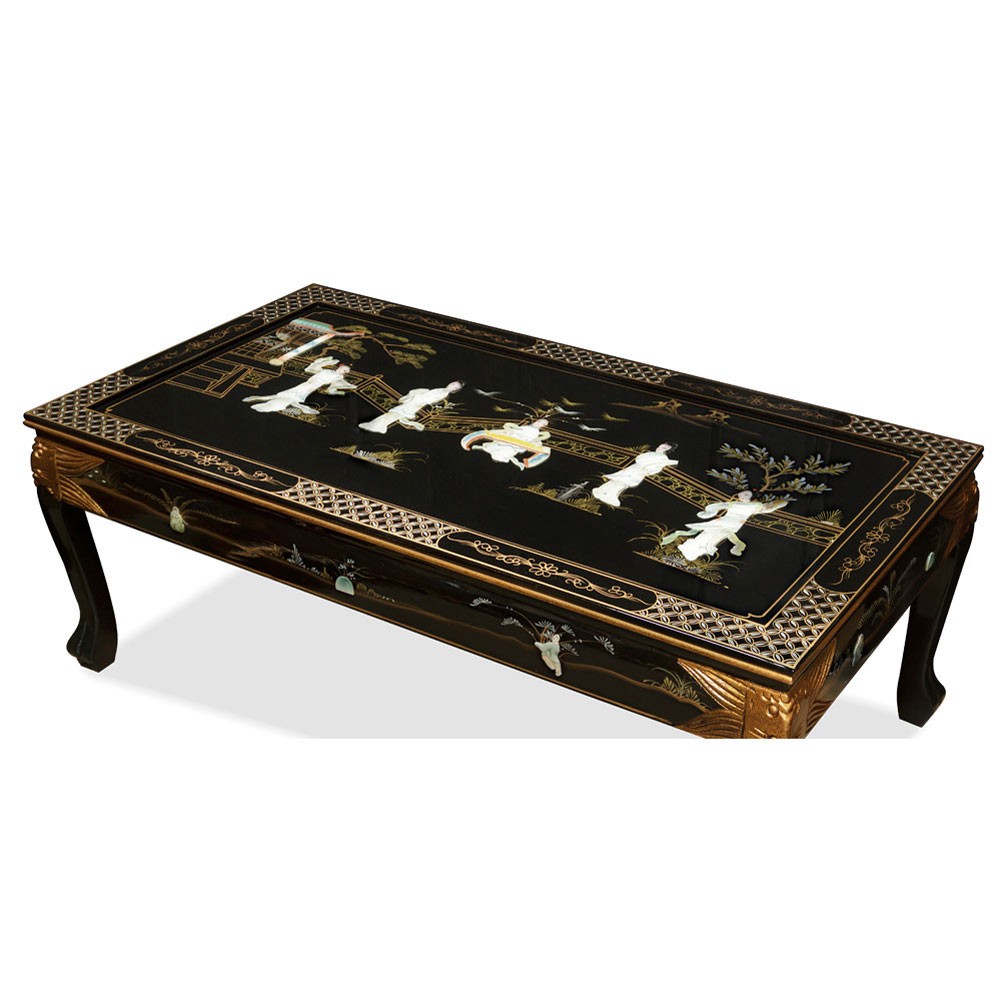 US Seller – Black Lacquer Mother of Pearl Chinese Coffee Table