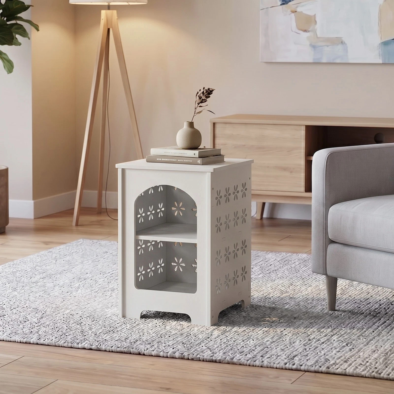 3-Tier Side Table with Storage, Nightstand End Table with Floral Design, Modern