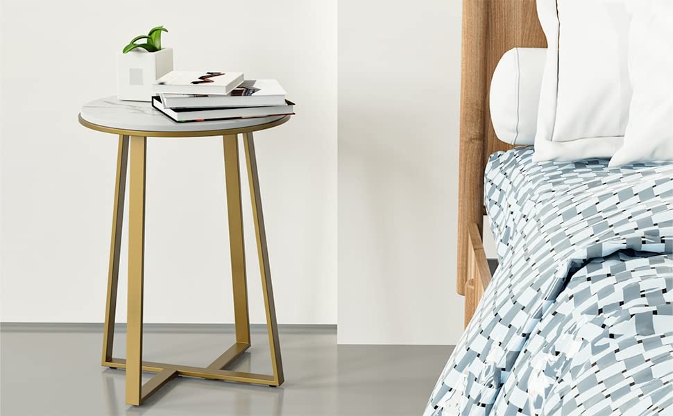Round End Tables, Small Side Table White Marble Texture MDF ,Metal Frame Gold Co