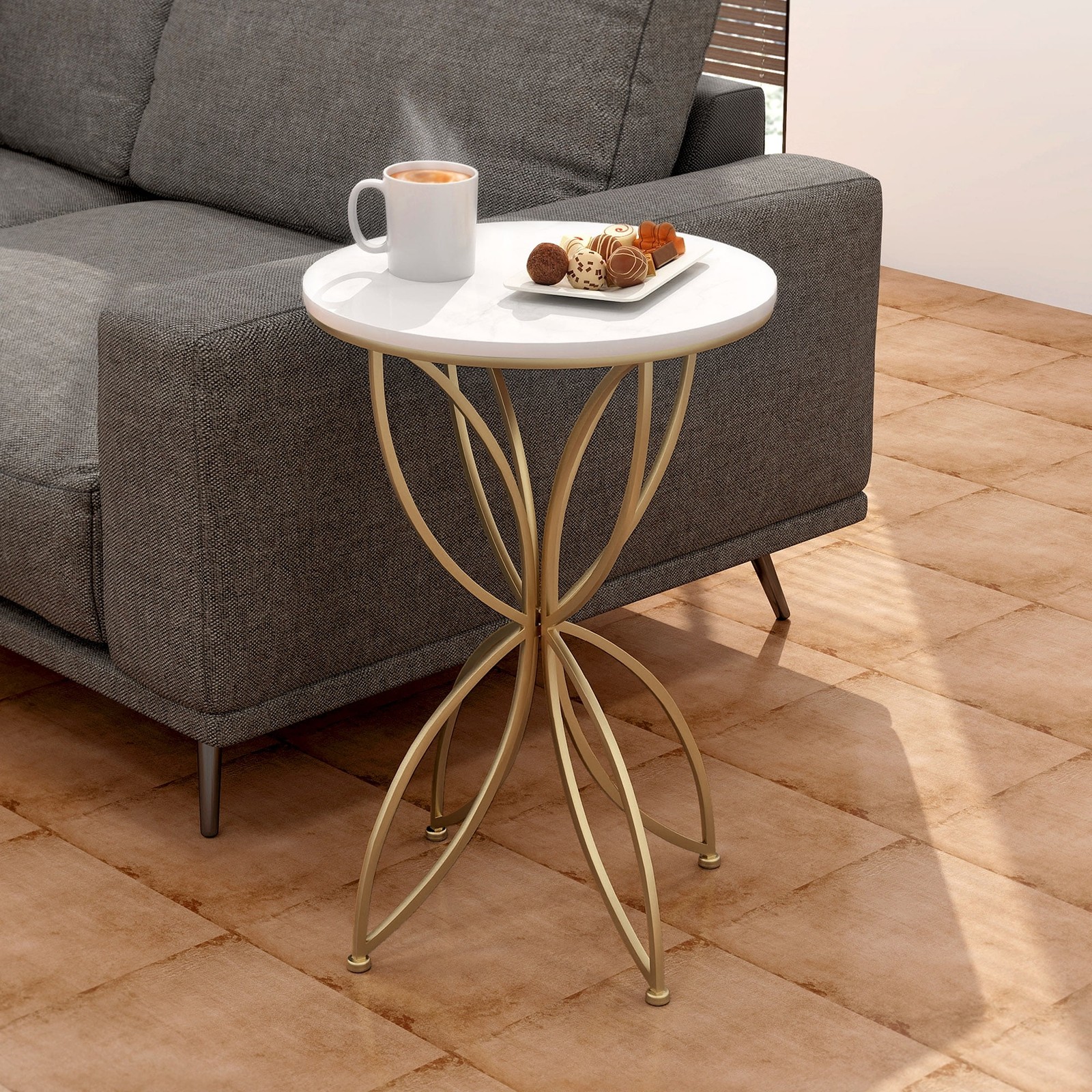 H 24 in. x Dia. 15.7 in. White Quartz Stone Table Top Accent Table