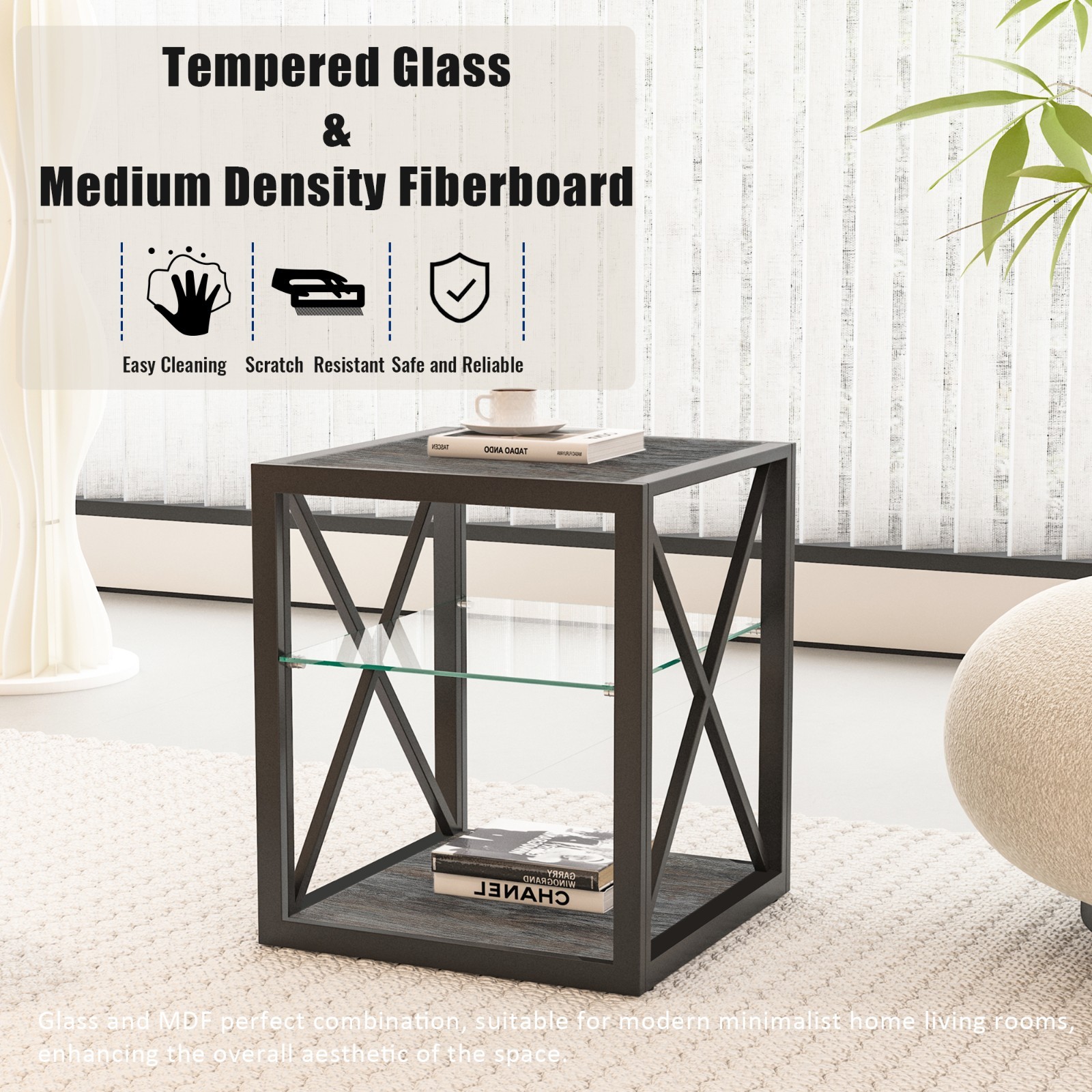 Industrial End Table-Tempered Glass & Wood Grain MDF for Bedroom Living Room