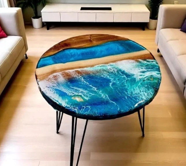 12″ Handmade Luxury Ocean Resin Art Table Blue Sea Wave Design Wood Center Table