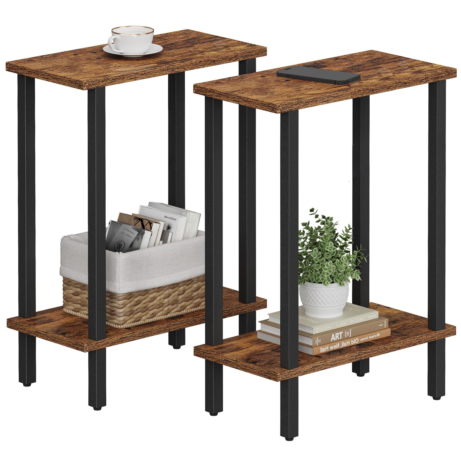 TUTOTAK Small Side Table, Narrow End 2-Tier（7.9″D x 15.8″W x 22.5″H）, Brown