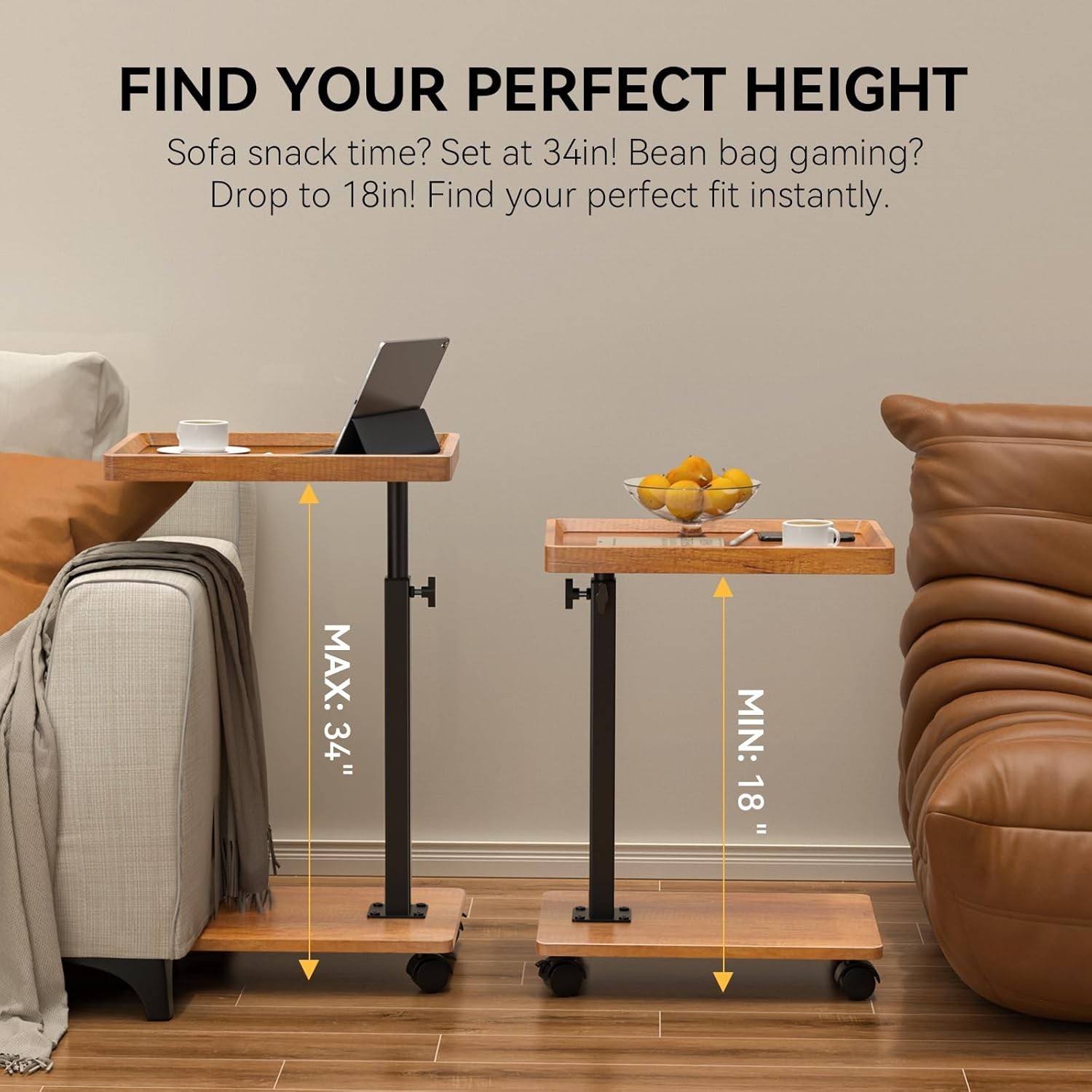 Adjustable Height Swivel C Side Table with Wheels for Sofa Bed Living Room