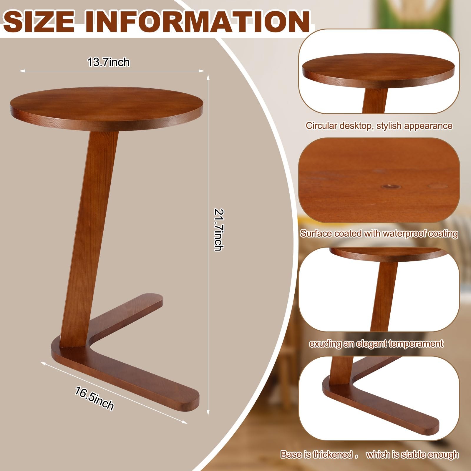 C Shaped Round End Table Solid Wood Handmade Side Table for Couch, Sofa, Livi…