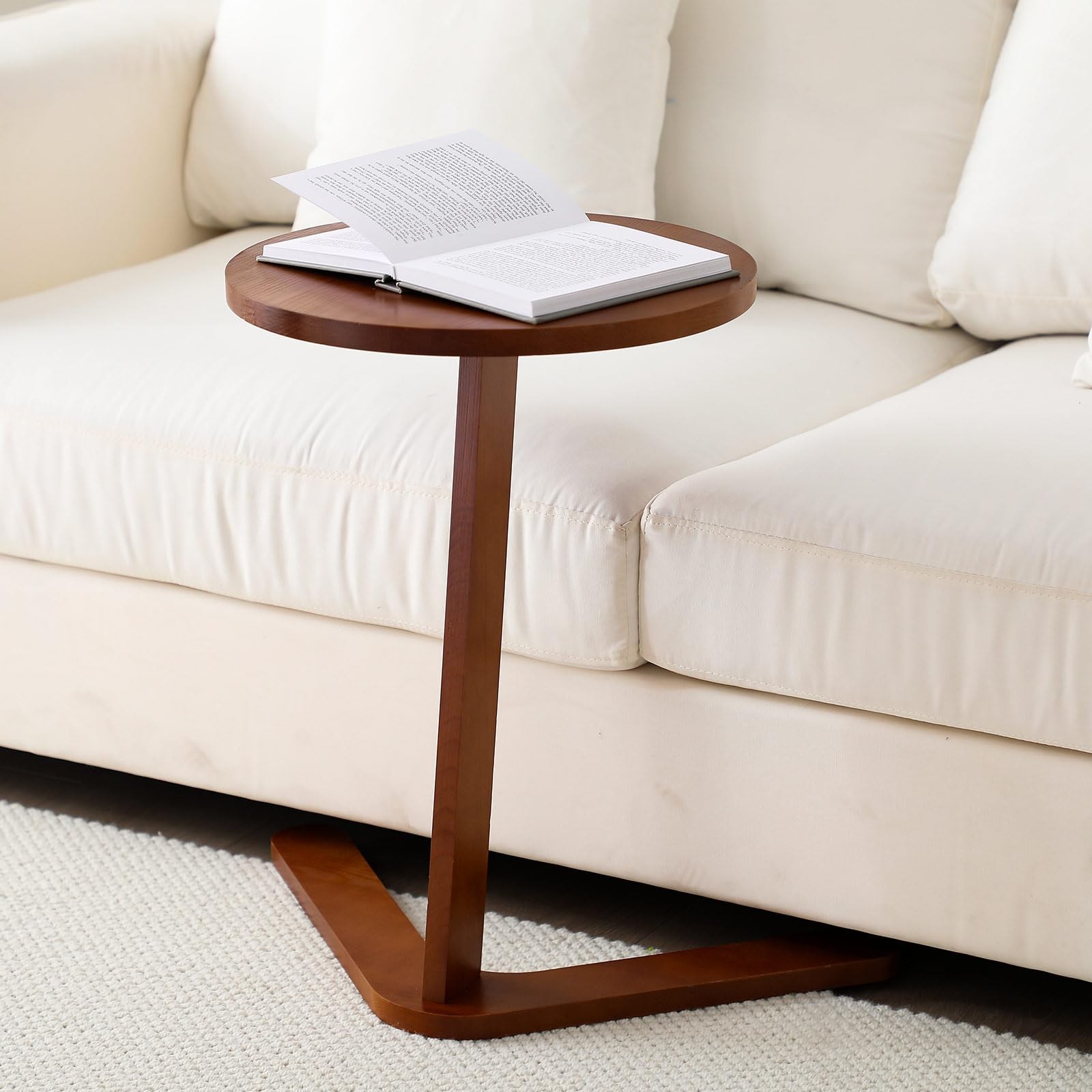 C Shaped Round End Table Solid Wood Handmade Side Table for Couch, Sofa, Livi…