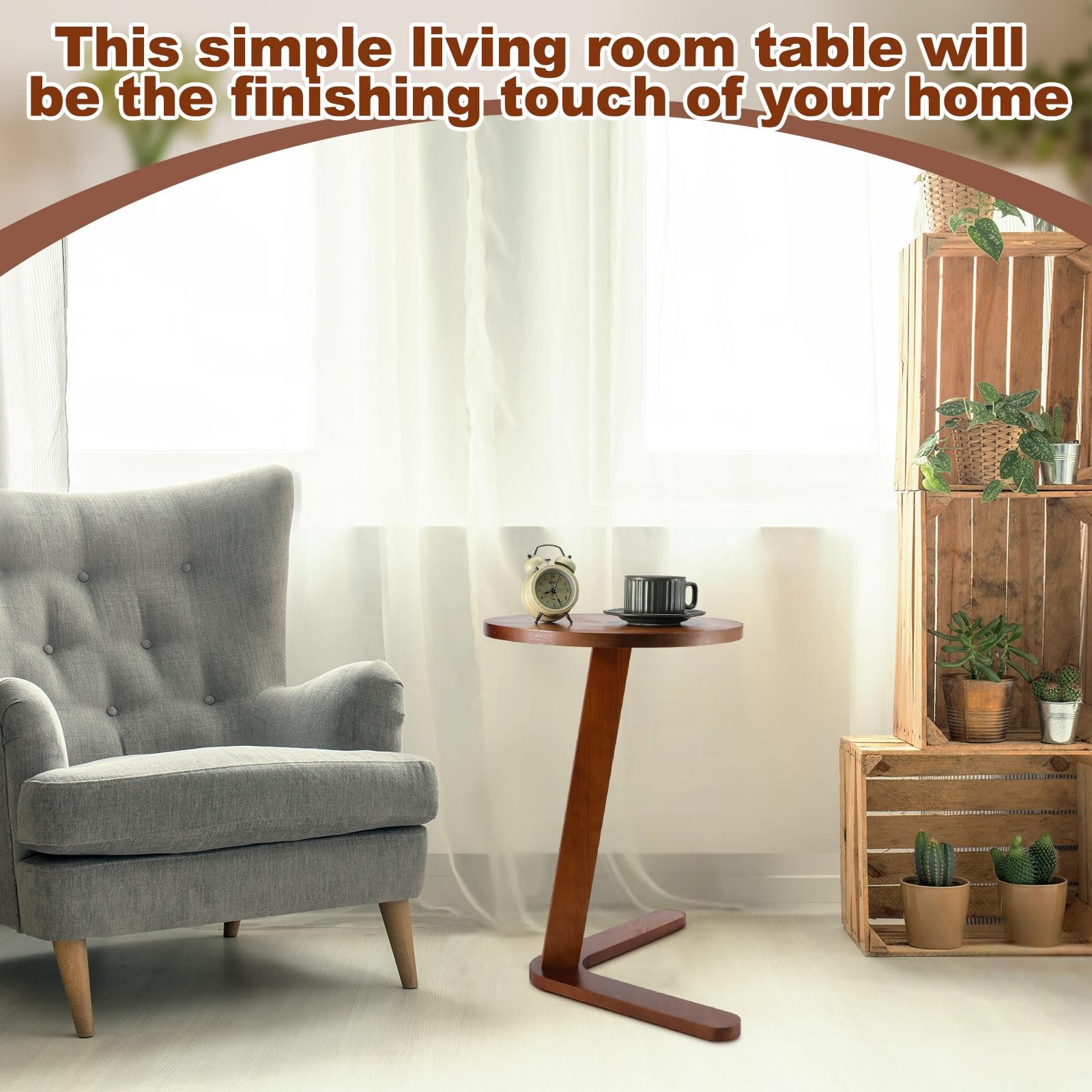 C Shaped Round End Table Solid Wood Handmade Side Table for Couch, Sofa, Livi…