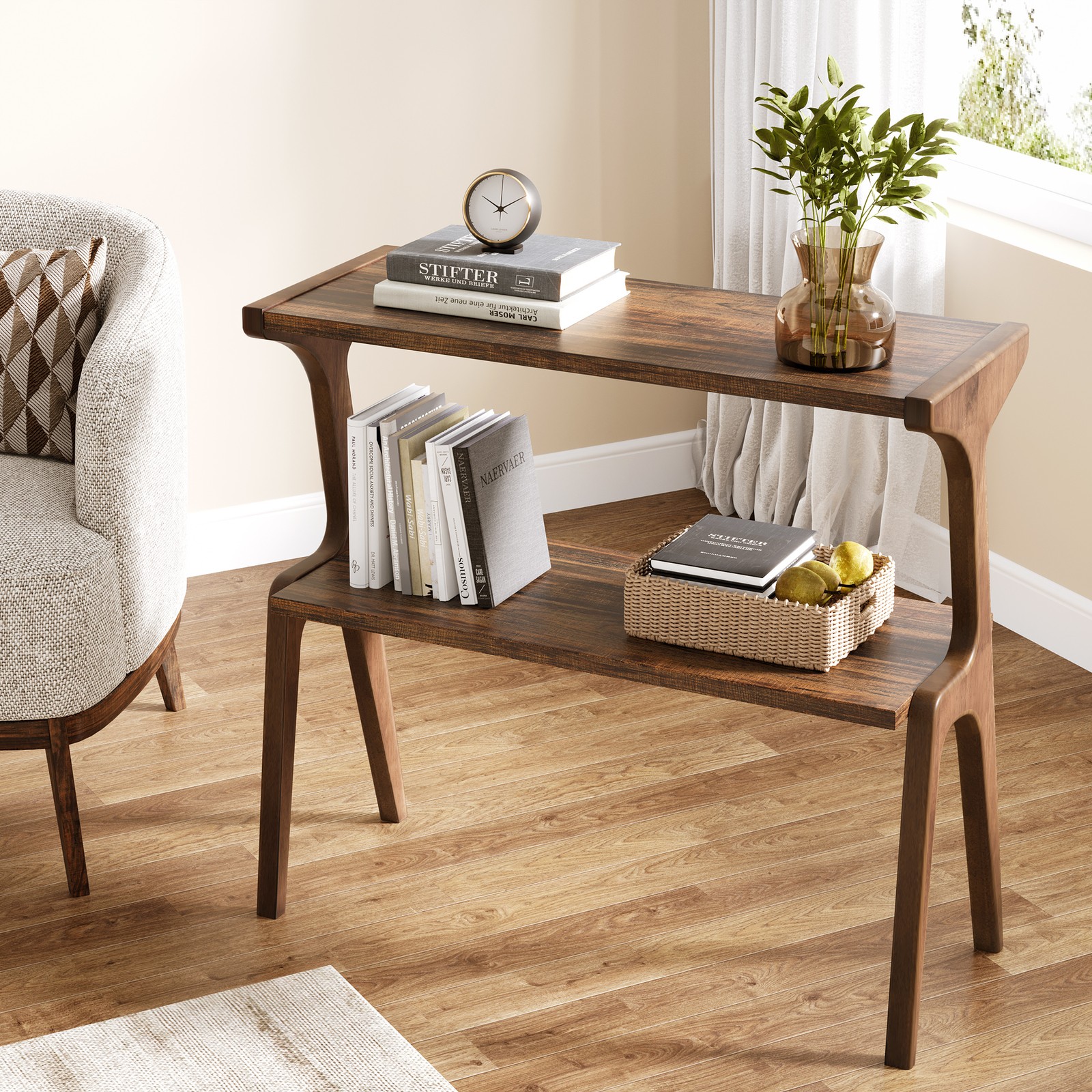 Solid Wood End Table, 2-Tier Side Table with Storage Shelf for Living Room,Brown