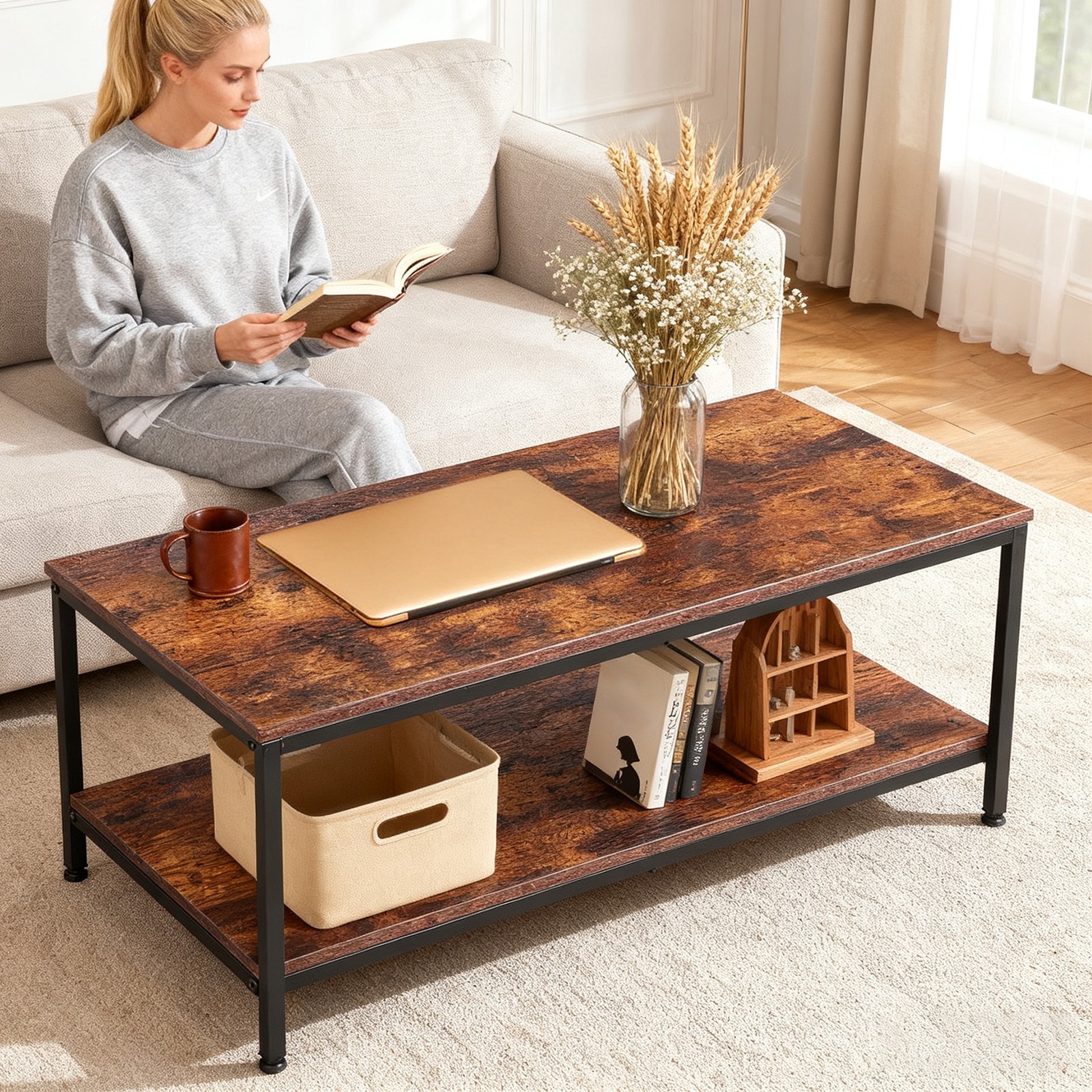 Rustic Brown Coffee Table for Living Room 2-Tier Coffee Tables With Storage