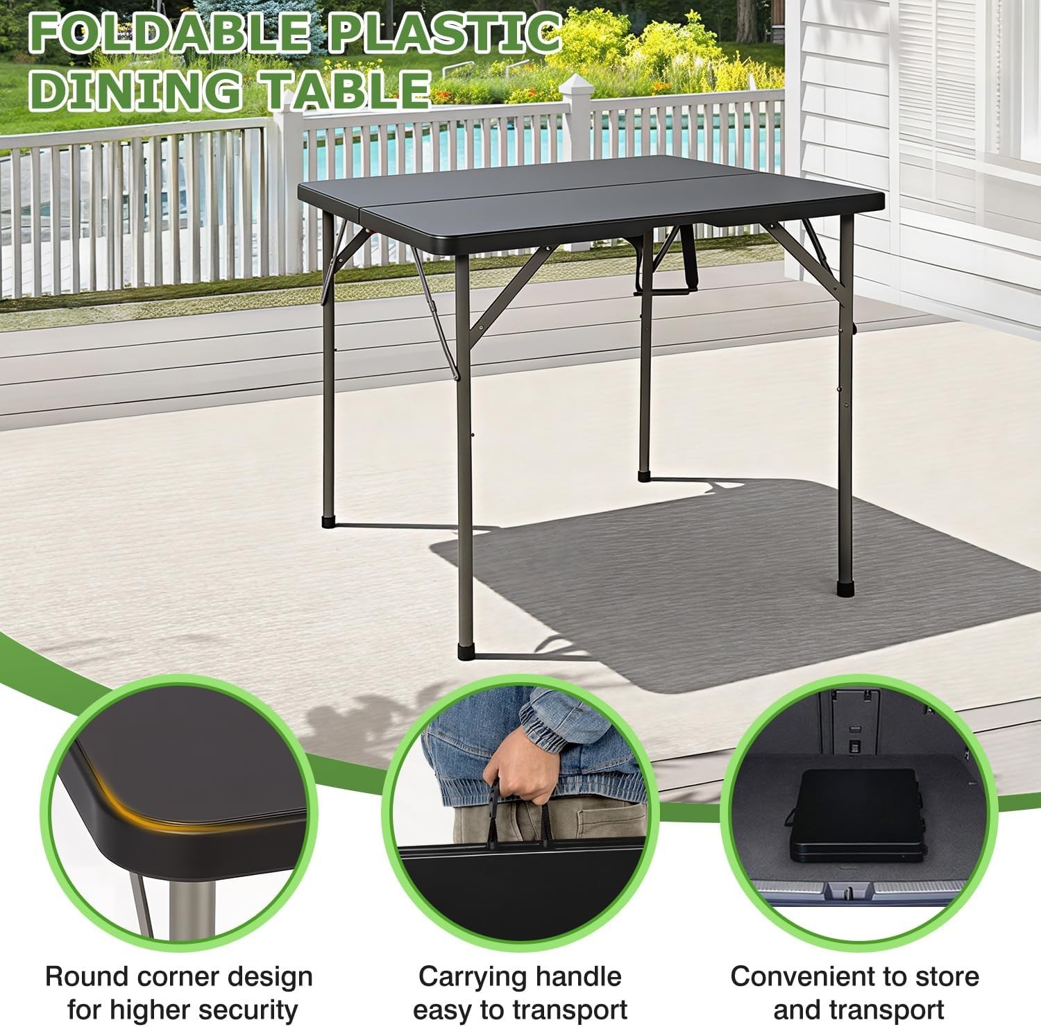 34″ Folding Card Table Plastic Table Portable Square Height Dining Table, Black