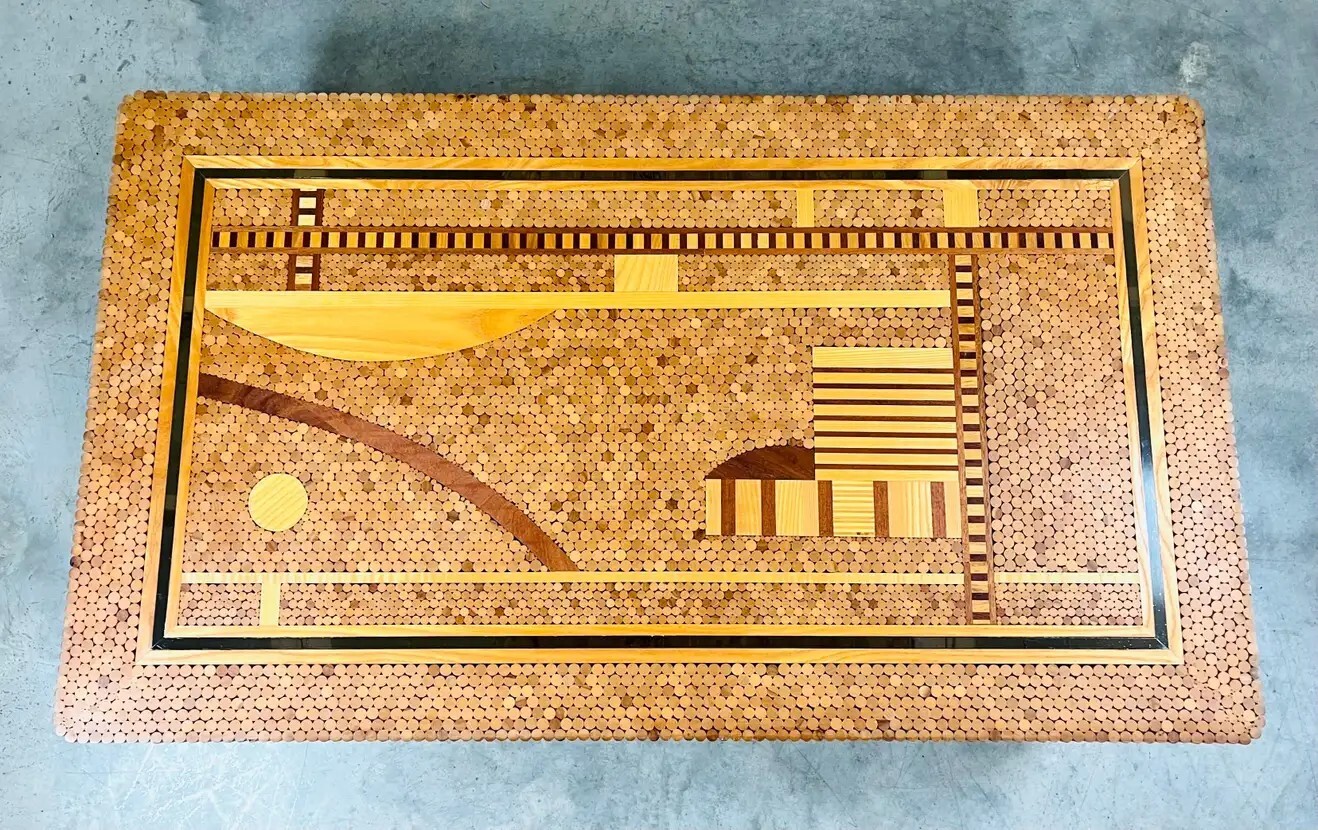 Patterned Marquetry Scenic Organic Doweled Teak Coffee Or Cocktail Table