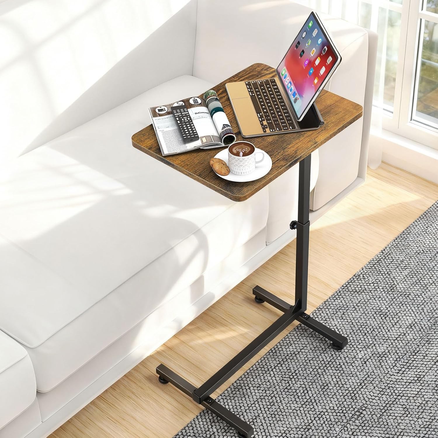 C Shaped Side Table Adjustable Height, Small End Table for Couch Bedroom, Brown